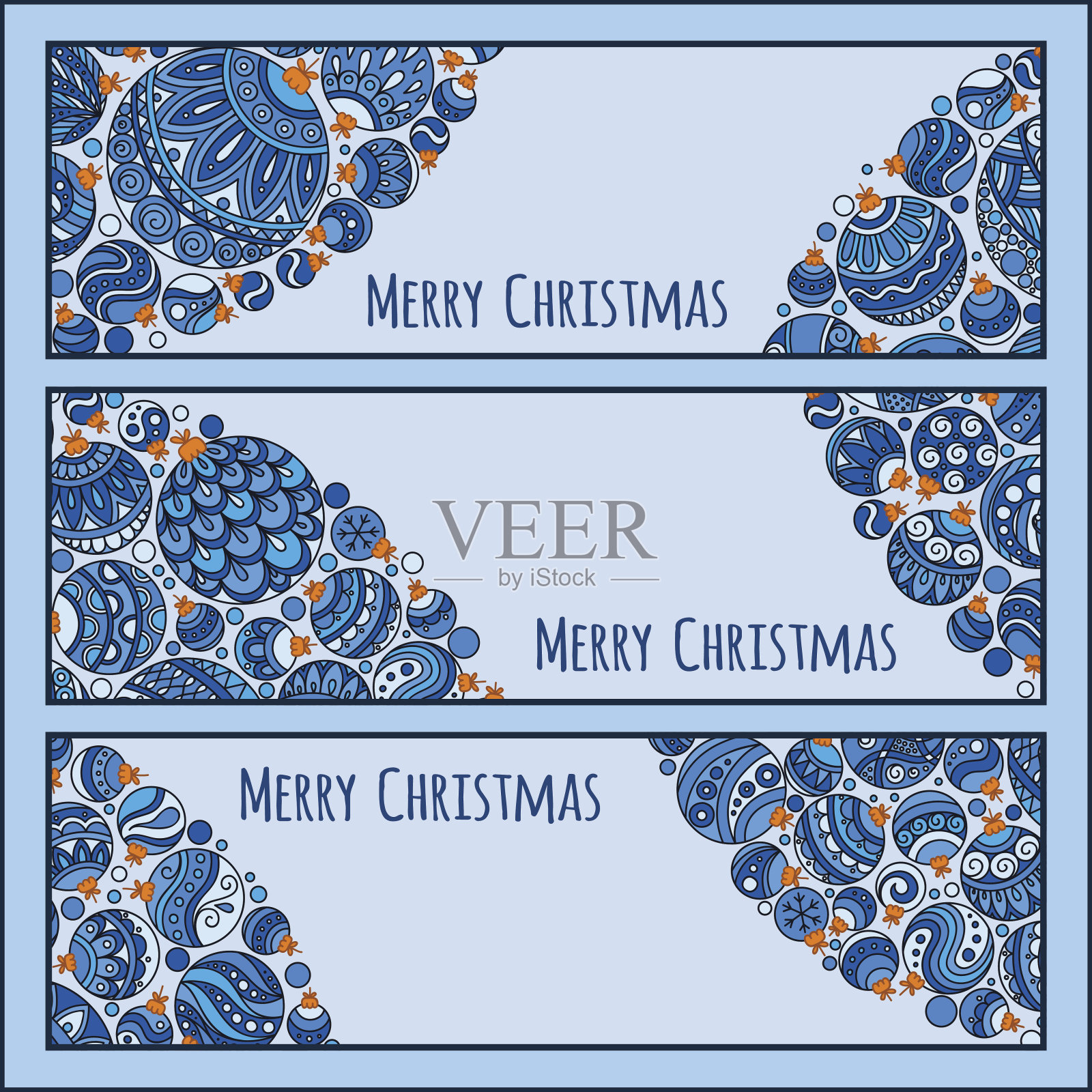 一套优雅的蓝色圣诞横幅与涂鸦球设计模板素材