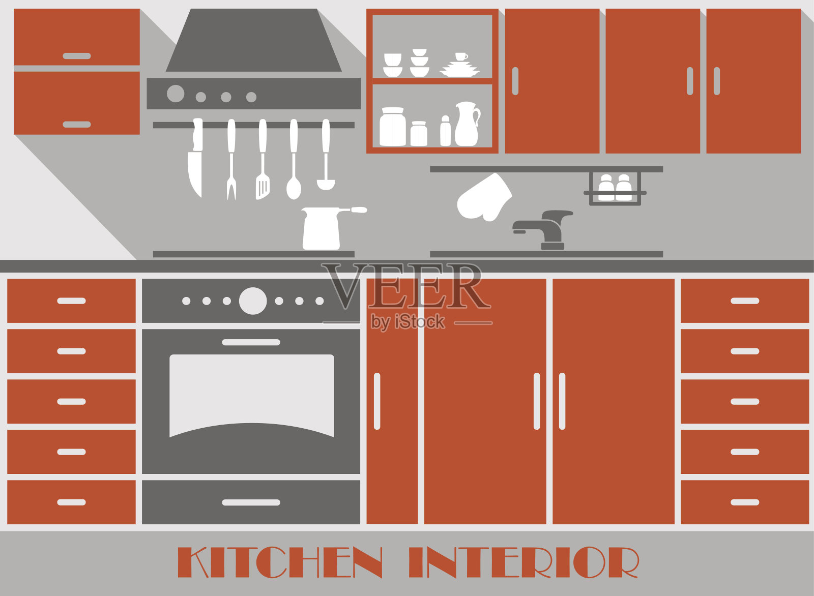 现代厨房内部的平面风格插画图片素材