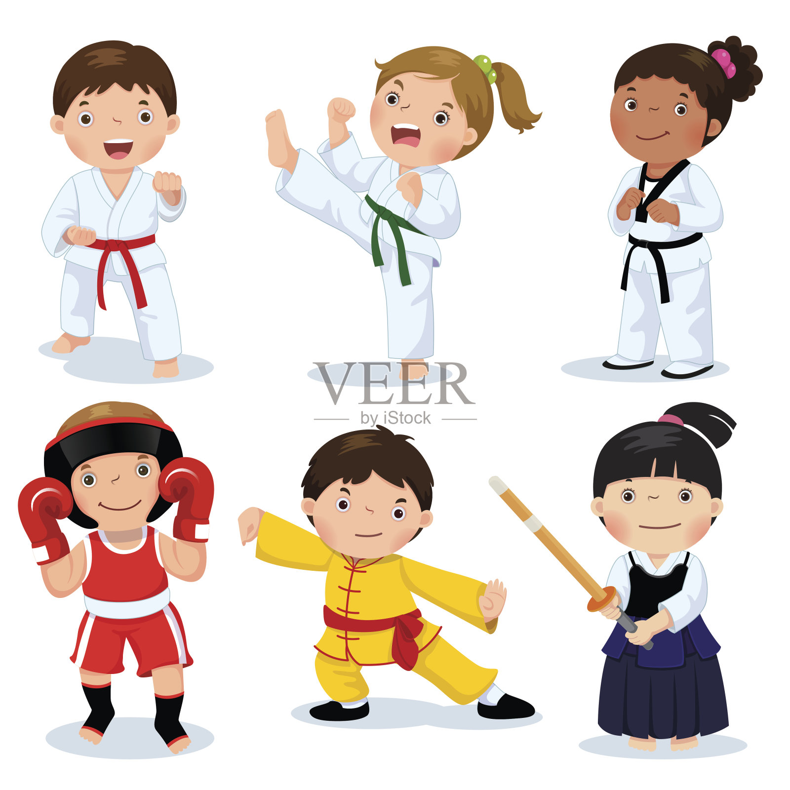 儿童格斗，柔道，跆拳道，空手道，功夫，拳击，剑道插画图片素材