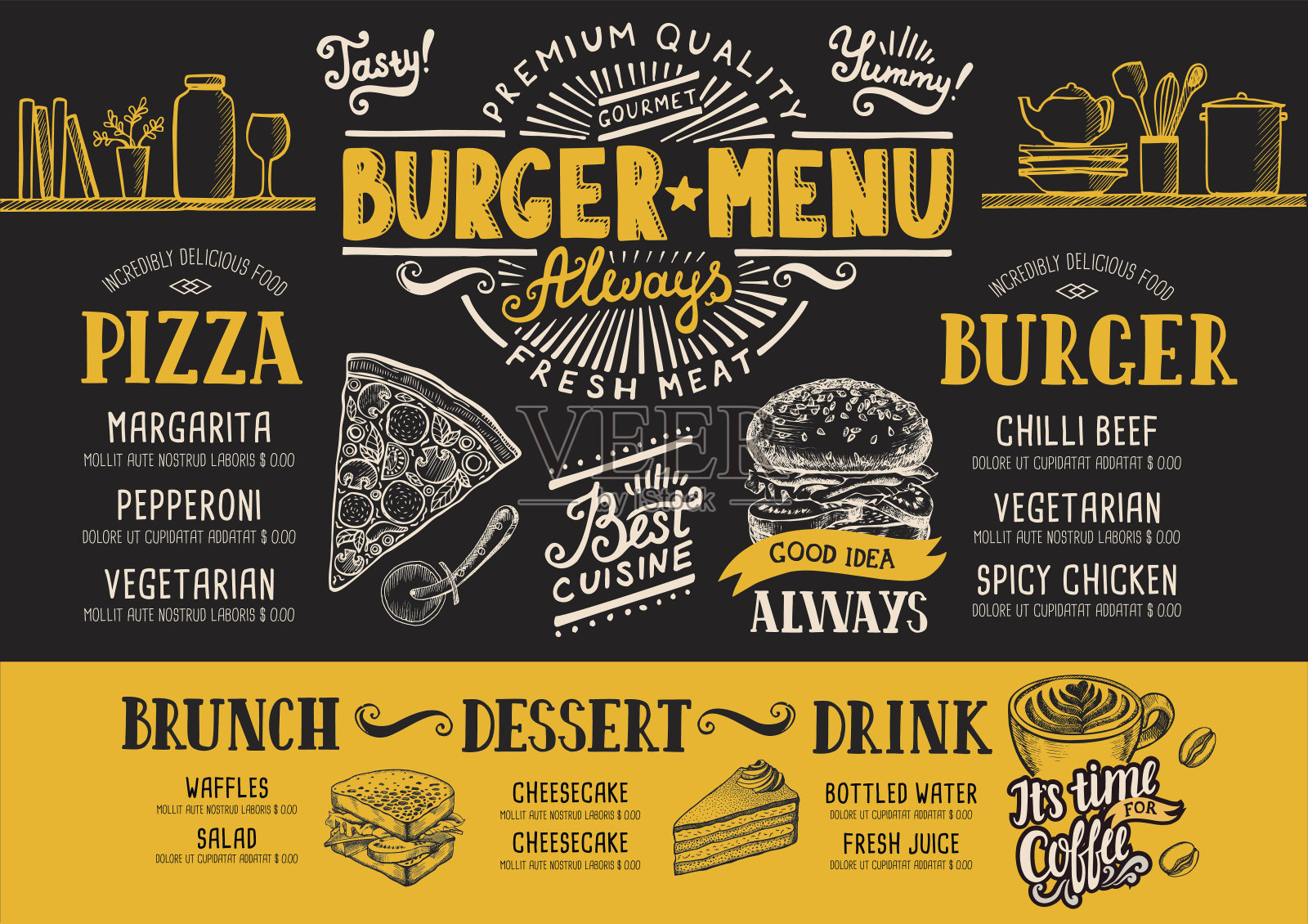 汉堡菜单餐厅，食物模板。插画图片素材