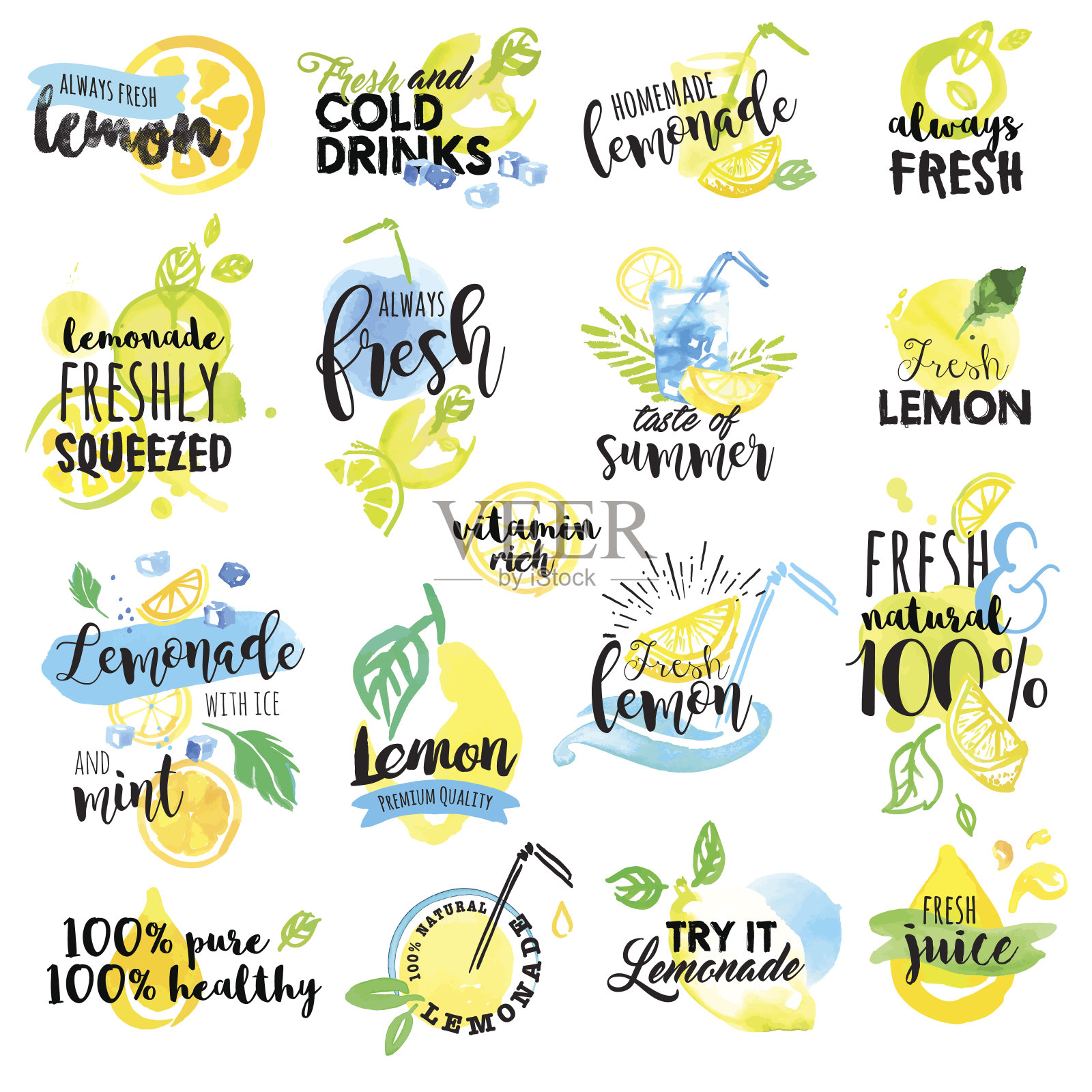 手绘水彩标签和柠檬和柠檬水的标志插画图片素材
