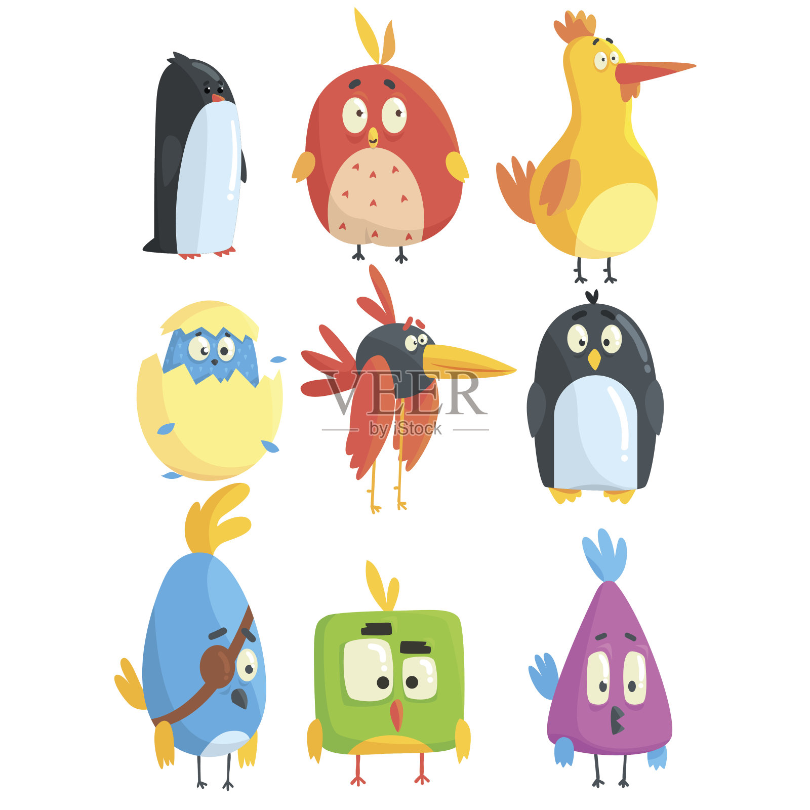 小可爱的鸟小鸡在几何形状卡通人物的集合，程式化的可爱的婴儿动物设计元素图片
