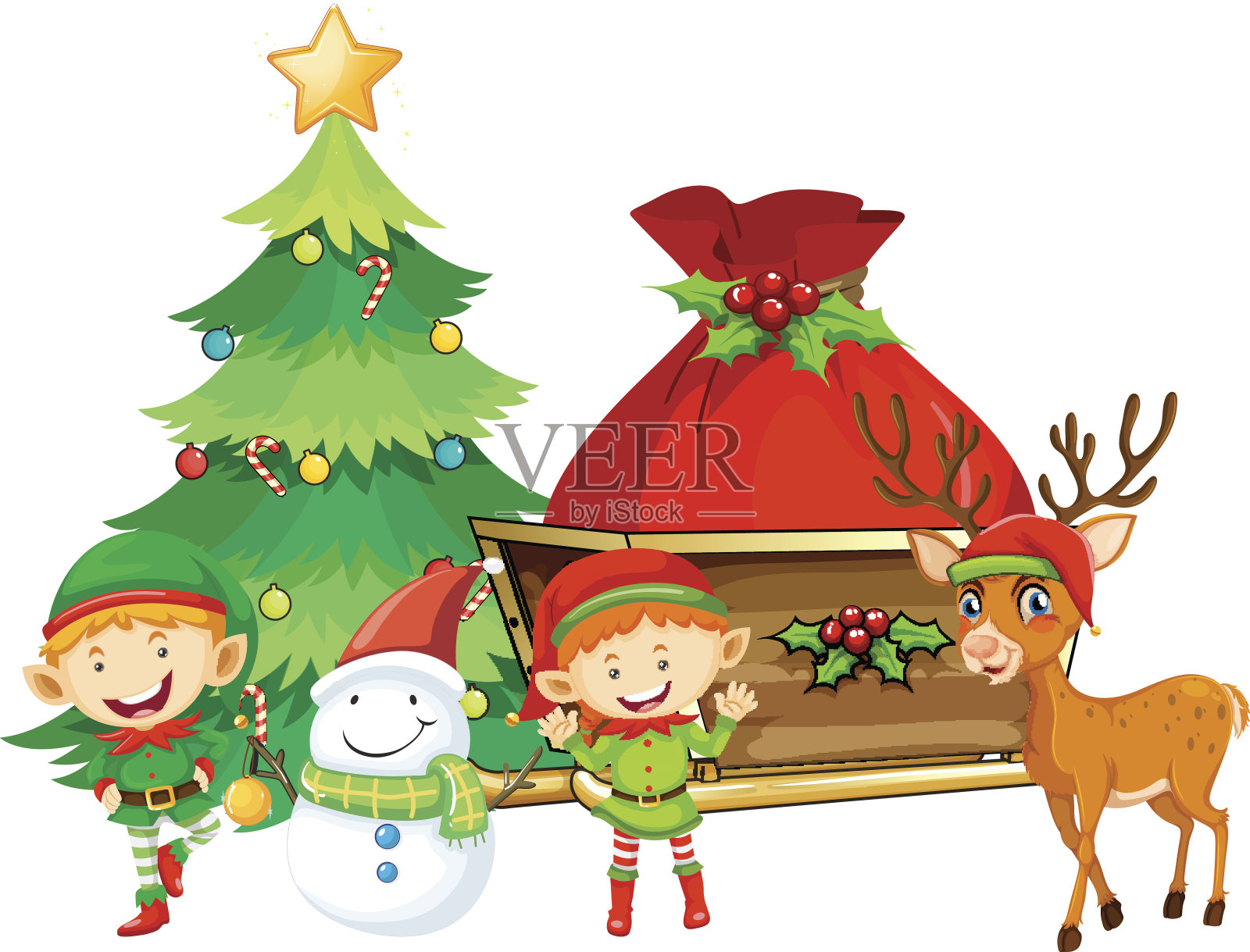 小精灵和雪人在圣诞树旁插画图片素材