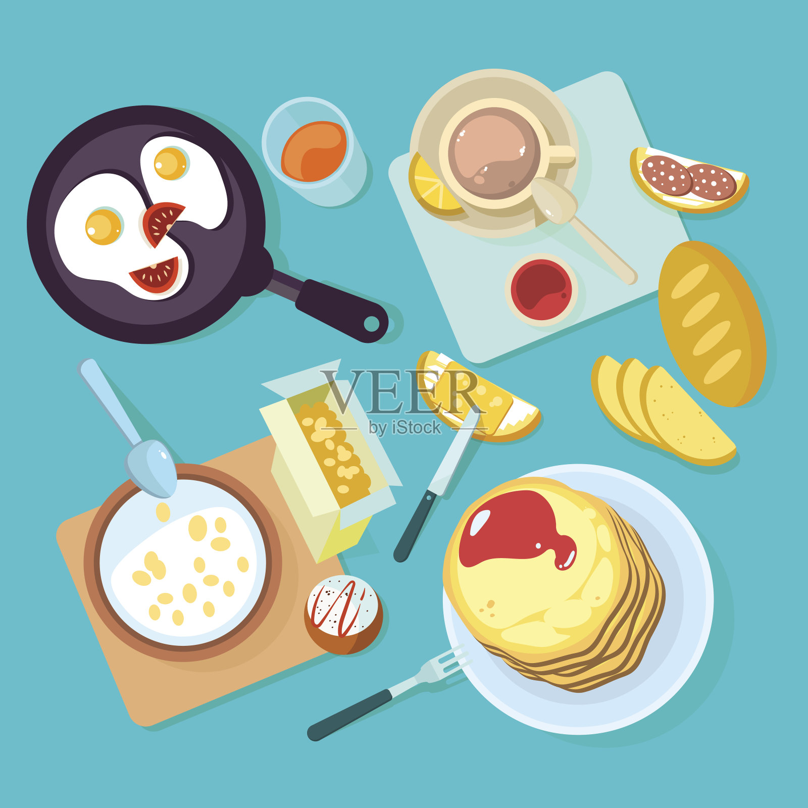 新鲜健康的早餐食品和饮料俯视图孤立在蓝色背景插画图片素材