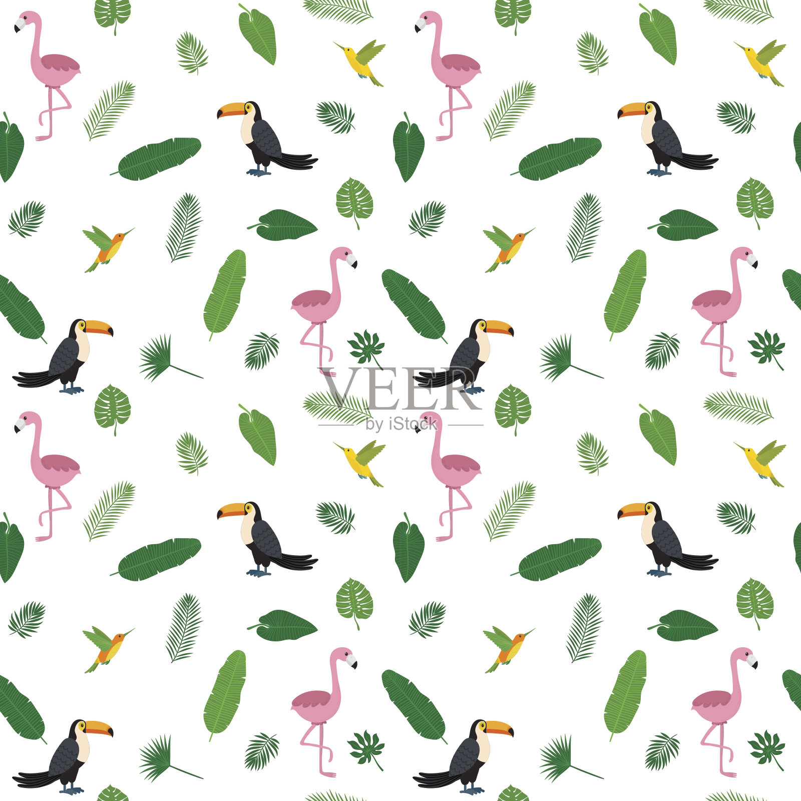 热带无缝模式与粉红色火烈鸟，蜂鸟，巨嘴鸟和绿色棕榈叶插画图片素材