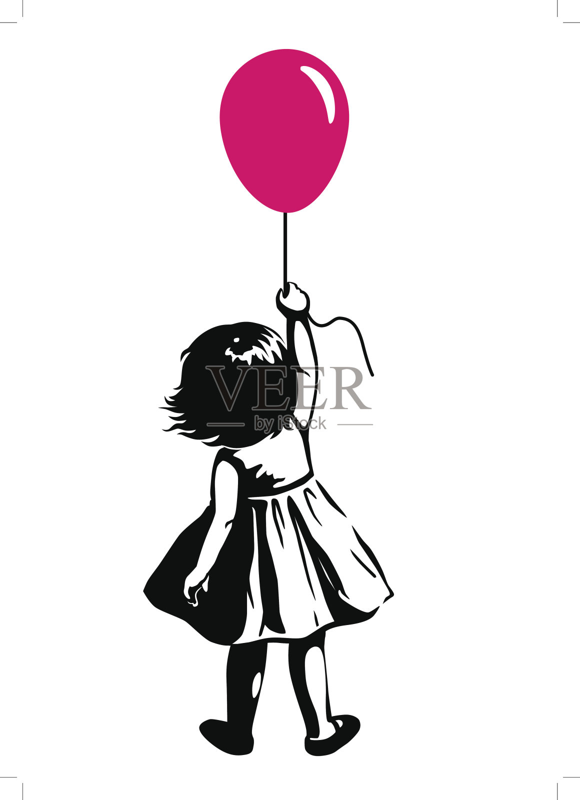 蹒跚学步的小女孩与红色气球，街头艺术涂鸦风格插画图片素材