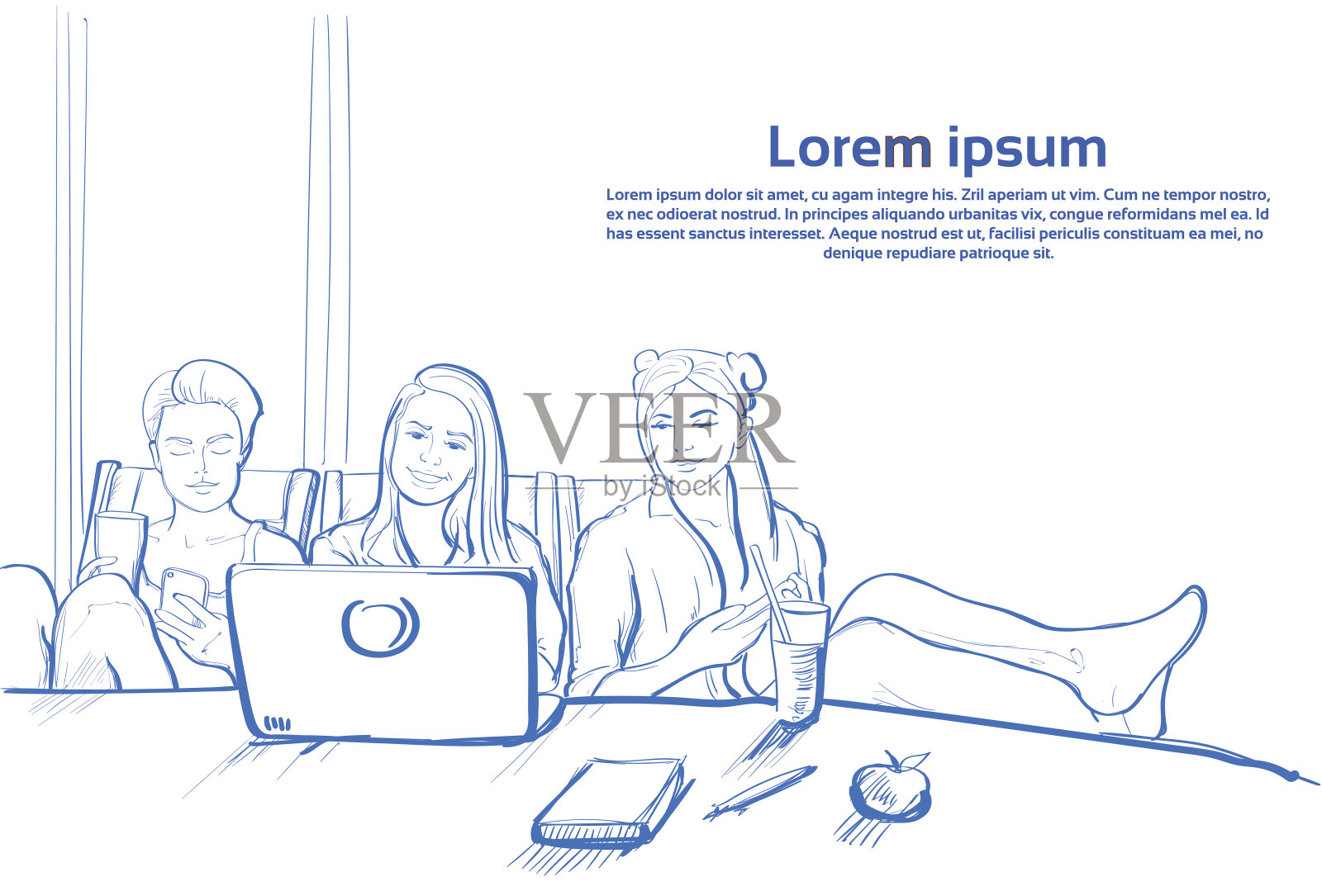 三个素描女孩坐在一起用笔记本电脑在手机上聊天插画图片素材