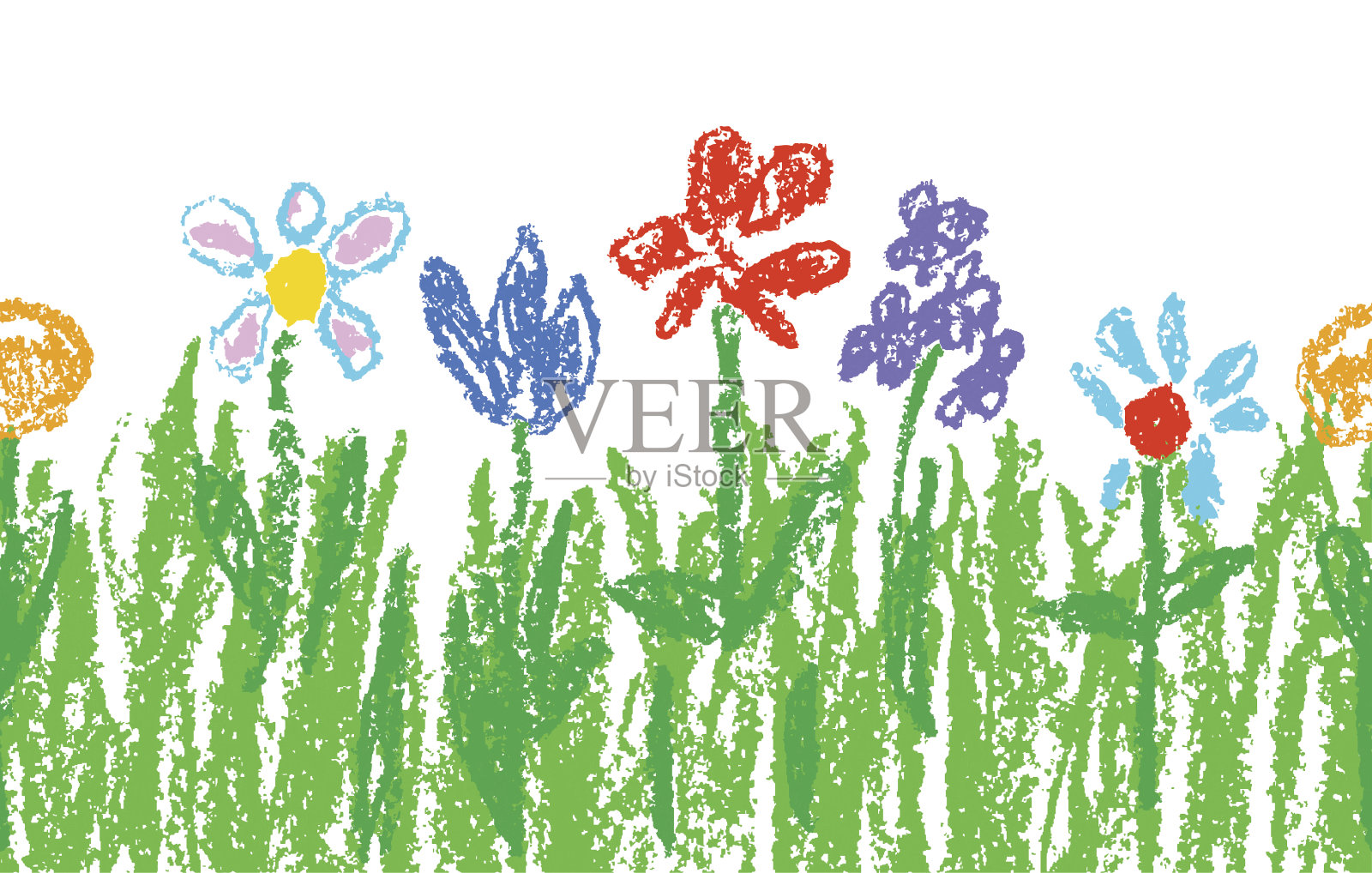 蜡笔儿童手绘的彩色花朵与绿色的草在白色。无缝儿童绘花套装。可爱的孩子画的春夏季草地。插画图片素材