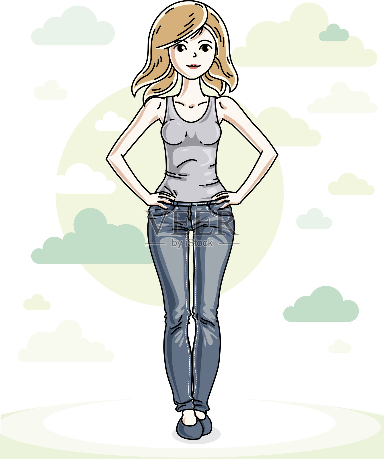 美丽的年轻的金发女人站在蓝天白云的背景，穿着时尚的休闲衣服。矢量插图。插画图片素材