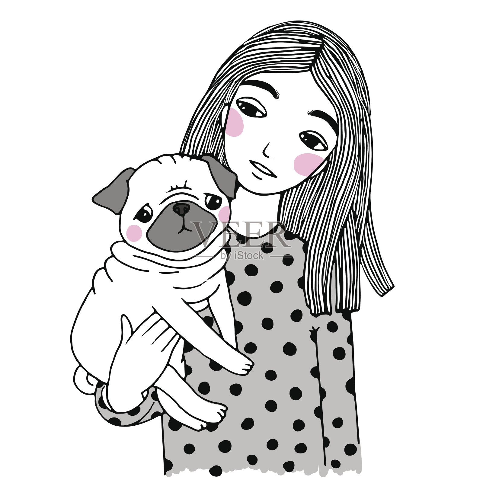 漂亮的小女孩和可爱的哈巴狗。插画图片素材