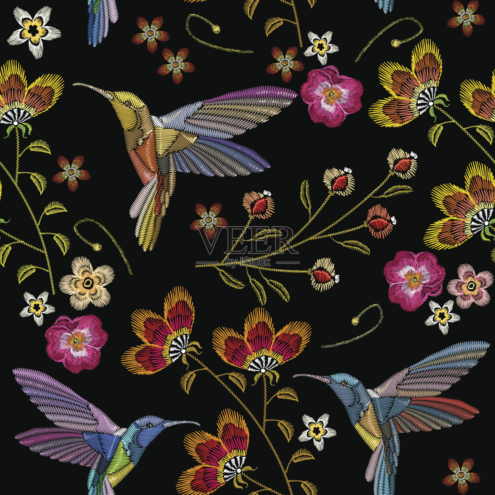 蜂鸟和热带花卉刺绣无缝图案。美丽的蜂鸟和奇异的花朵刺绣在黑色的背景。服装，纺织品，t恤设计的模板插画图片素材