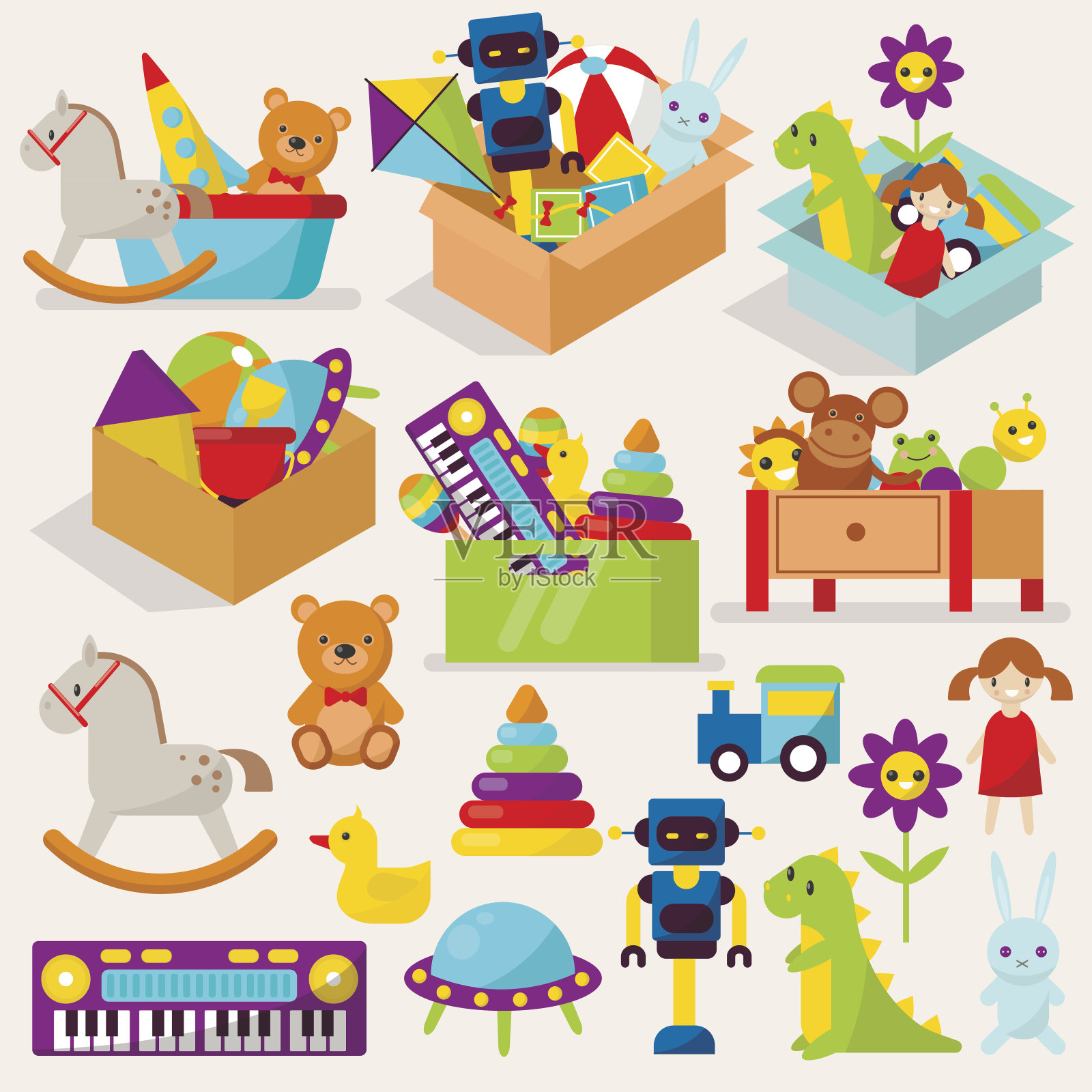 盒子的孩子玩具矢量插图填充积木卡通可爱的图形玩童年的礼物容器插画图片素材