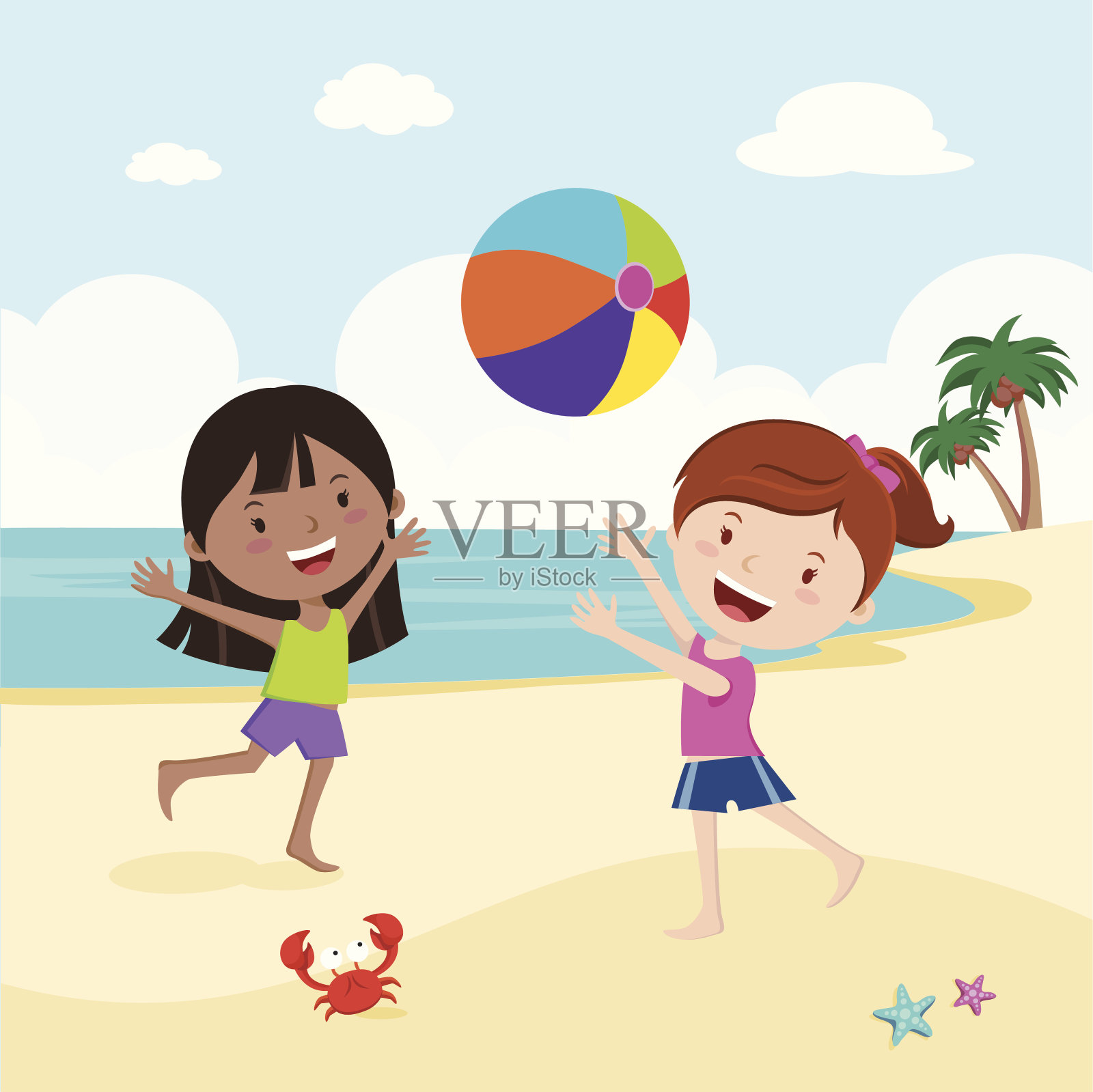 玩沙滩球的女孩插画图片素材