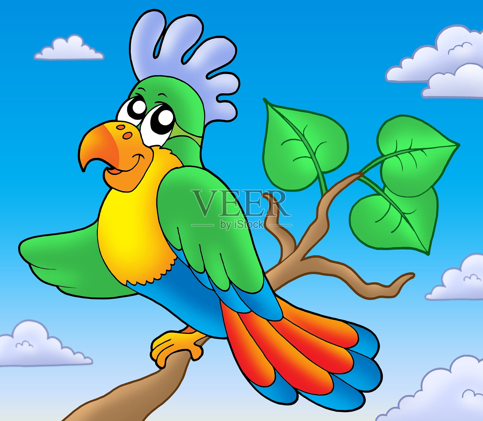 树枝上的卡通鹦鹉插画图片素材