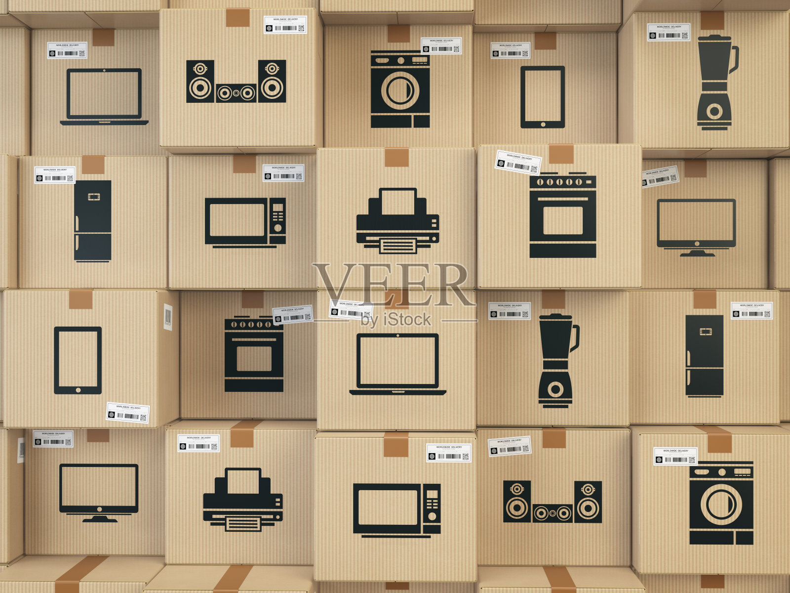 家用厨房电器和盒装家用电子产品。电子商务、互联网网上购物和配送理念。照片摄影图片