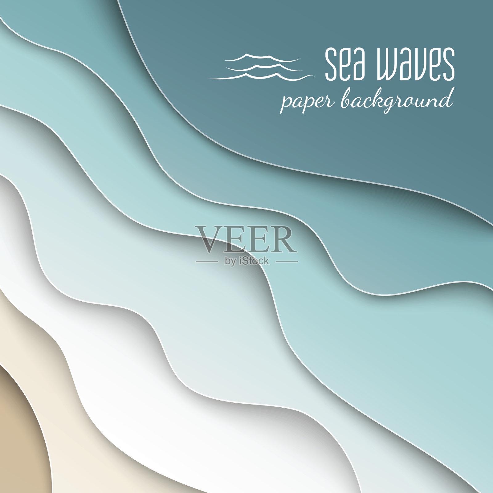 抽象的蓝色海洋和海滩夏季背景与曲线纸波浪和海岸，裁剪与剪贴面具横幅，海报或网站设计。剪纸风格，文字空间插画图片素材