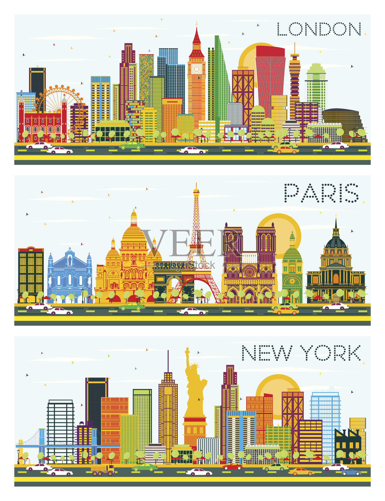 伦敦，巴黎，纽约的天际线与彩色建筑和蓝天。插画图片素材