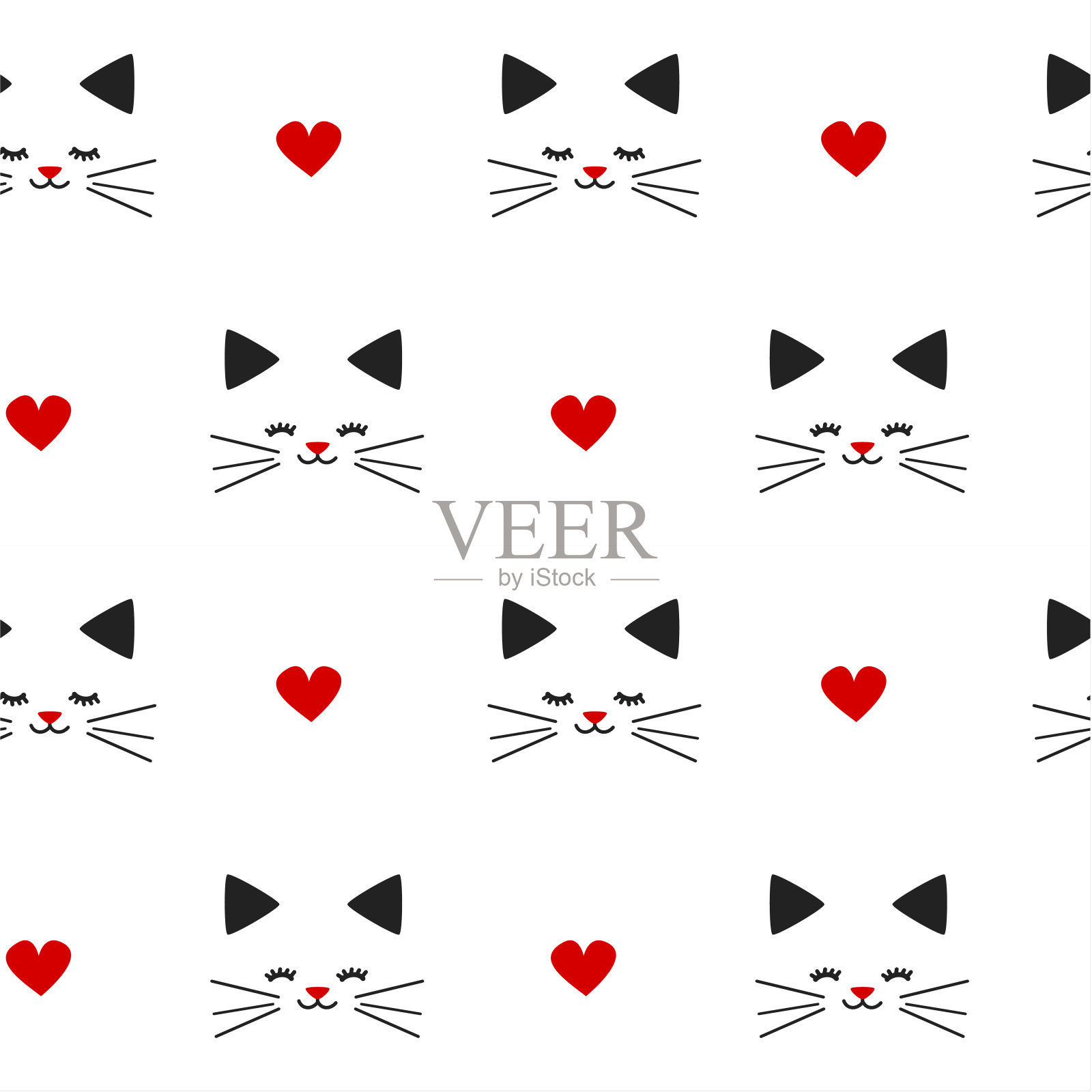 可爱可爱的黑白红色无缝矢量图案背景插图与猫和心插画图片素材