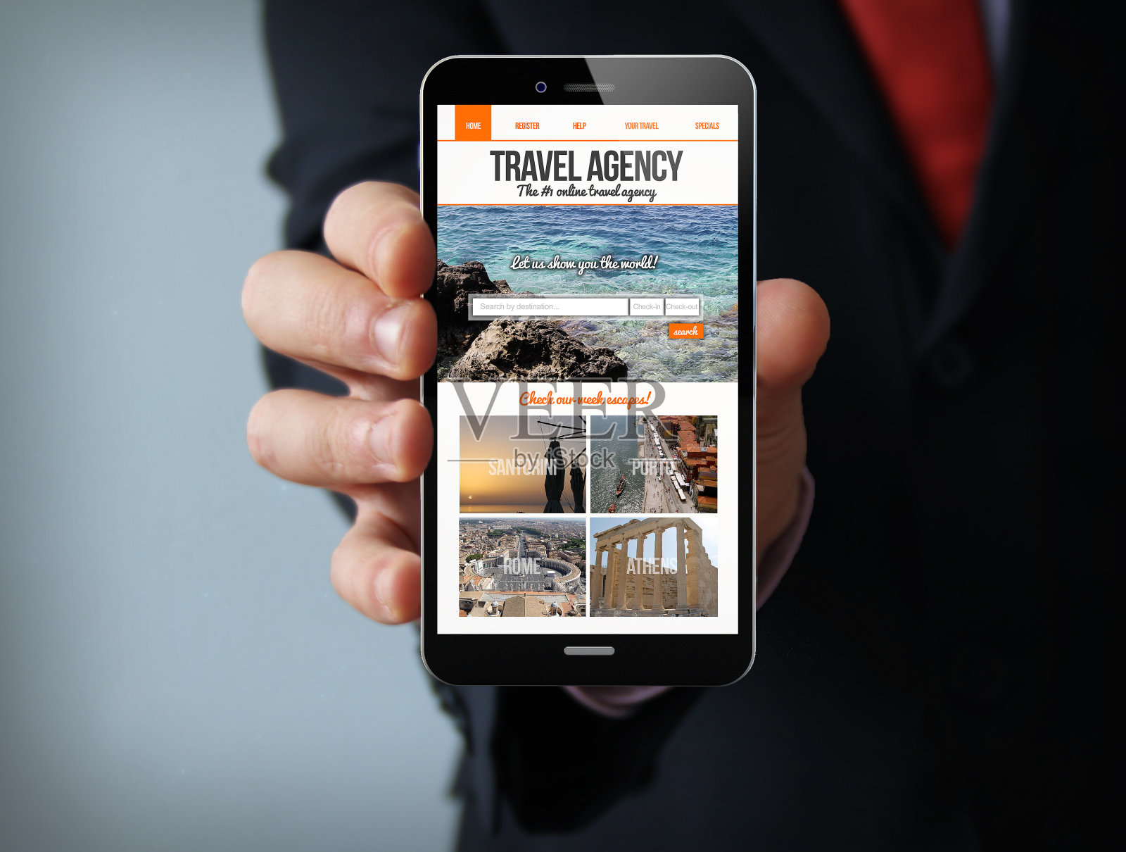 旅行社网站上的屏幕商人智能手机照片摄影图片