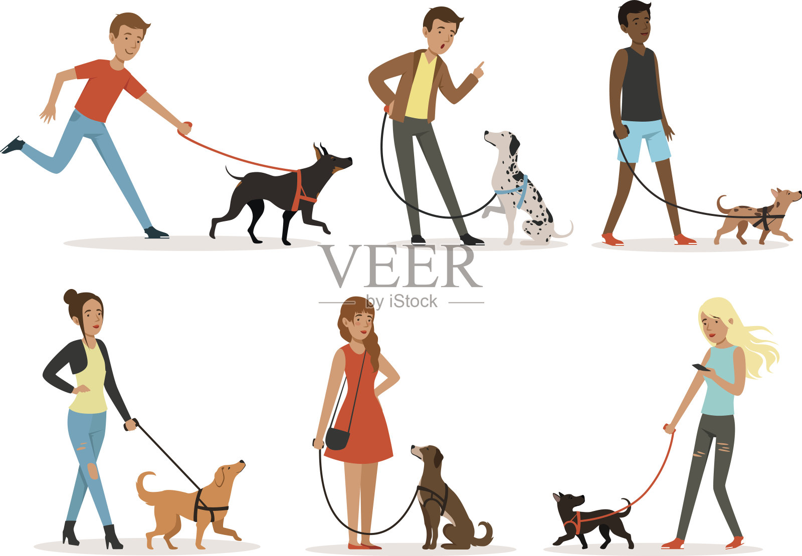 动物的友谊。快乐的人们带着有趣的狗散步。卡通风格的插图设计元素图片