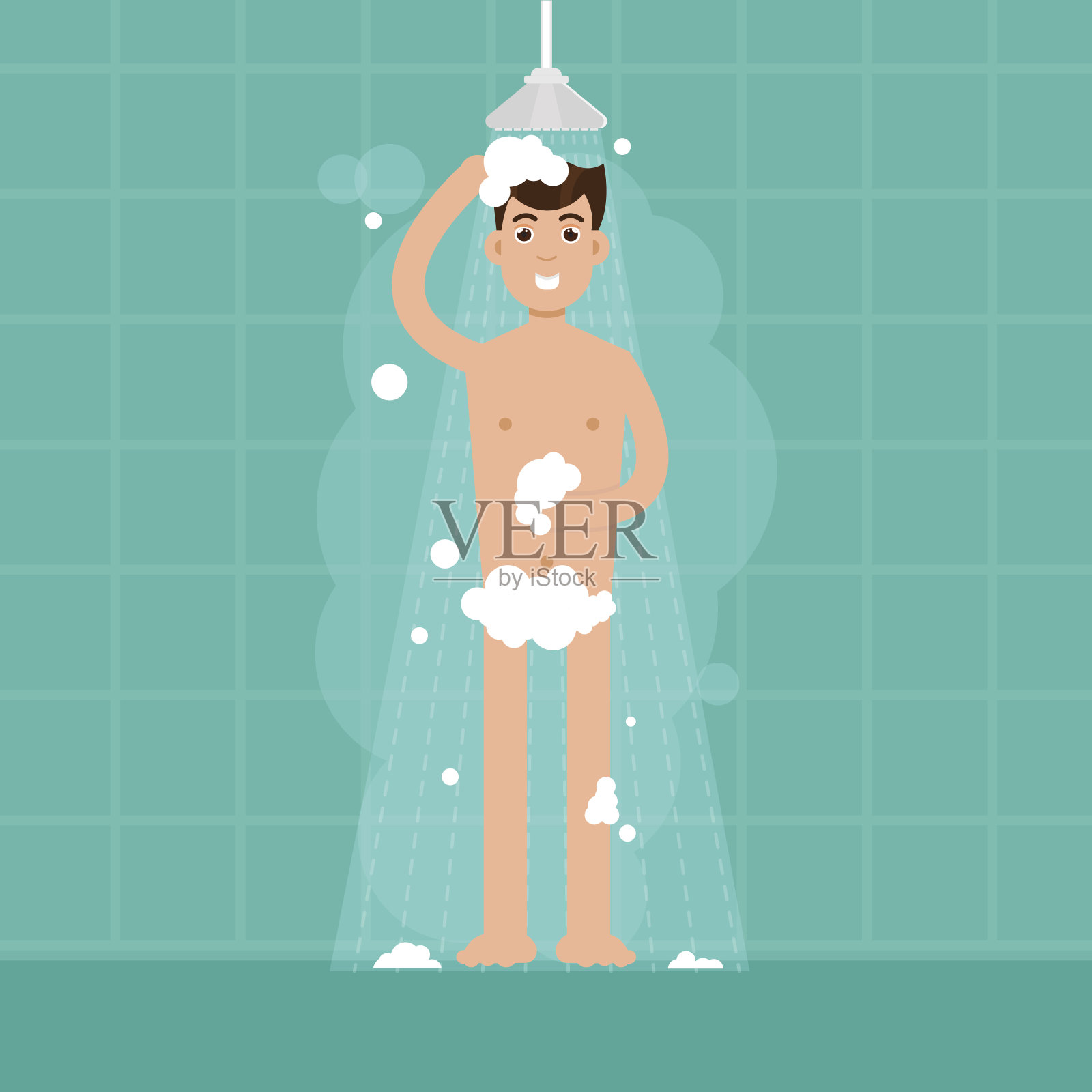 男人在浴室洗澡。矢量字符插图在平面风格。插画图片素材