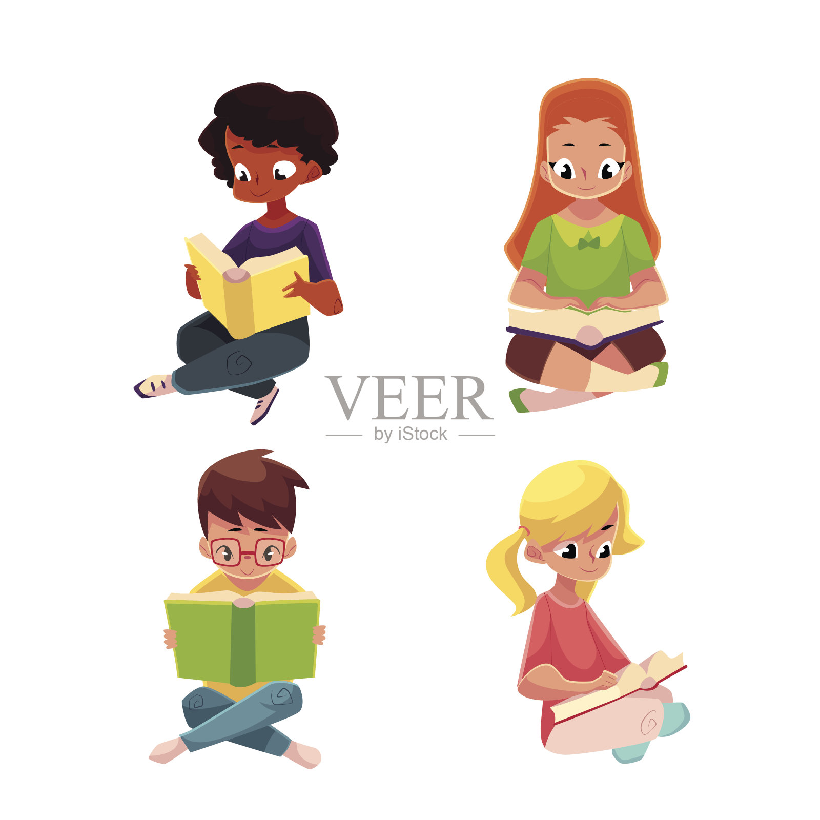 孩子们，男孩和女孩们，坐在地板上读着有趣的书设计元素图片