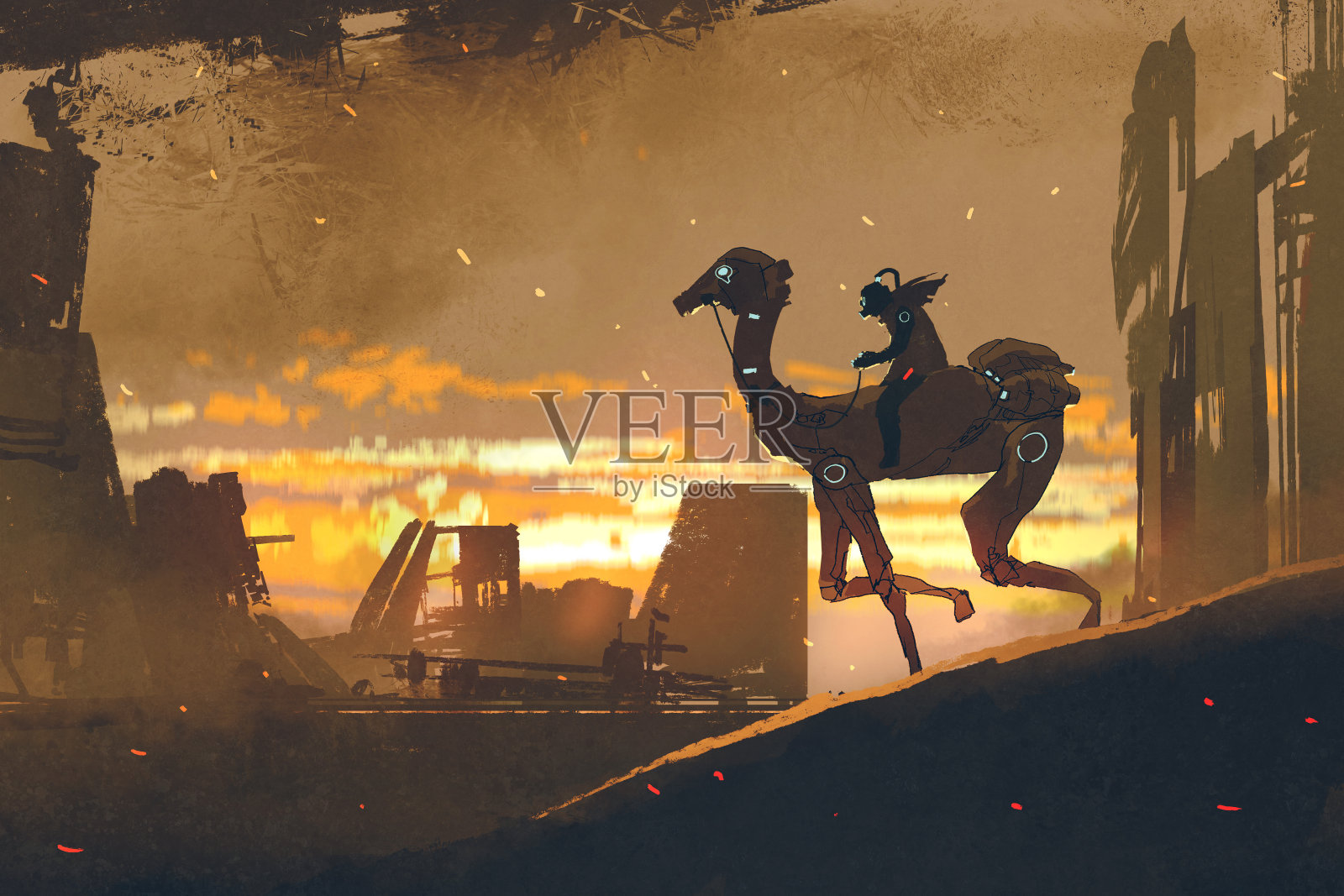 在末日城市里骑着未来派骆驼的人插画图片素材