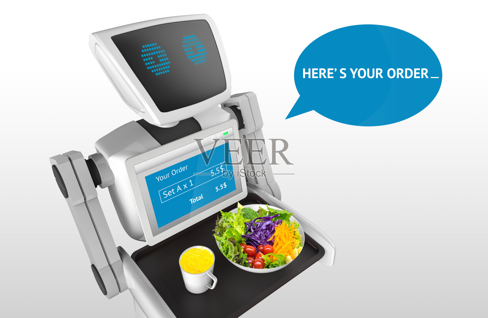 机器人技术趋势的商业概念。自动个人助理个人机器人服务的橙汁和沙拉在餐厅与灰色背景。三维渲染照片摄影图片