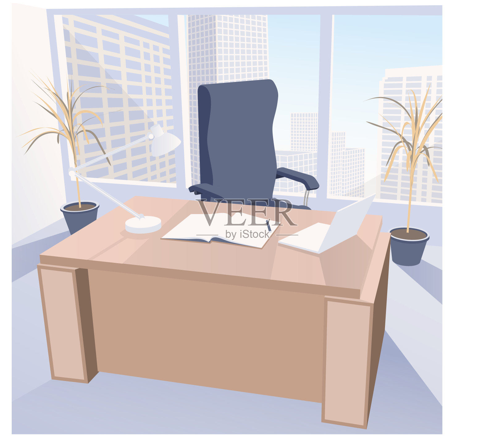 老板的办公室，椅子和桌子靠窗，能看到城市风景。插画图片素材