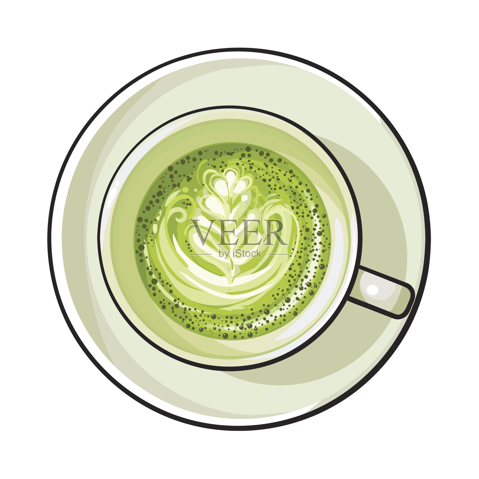 抹茶绿茶拿铁，卡布奇诺饮料，俯视图插画图片素材
