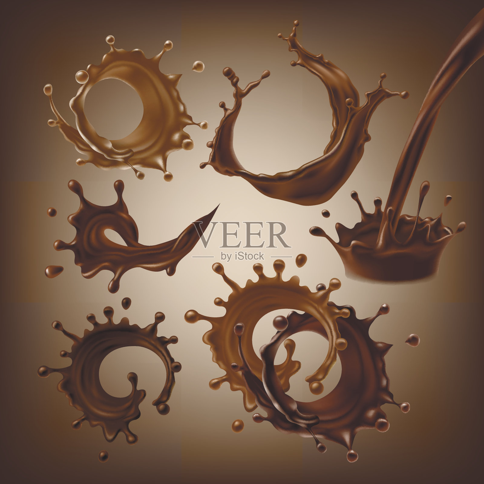 一套矢量3D插图，飞溅和融化的黑和牛奶巧克力，热咖啡，可可插画图片素材