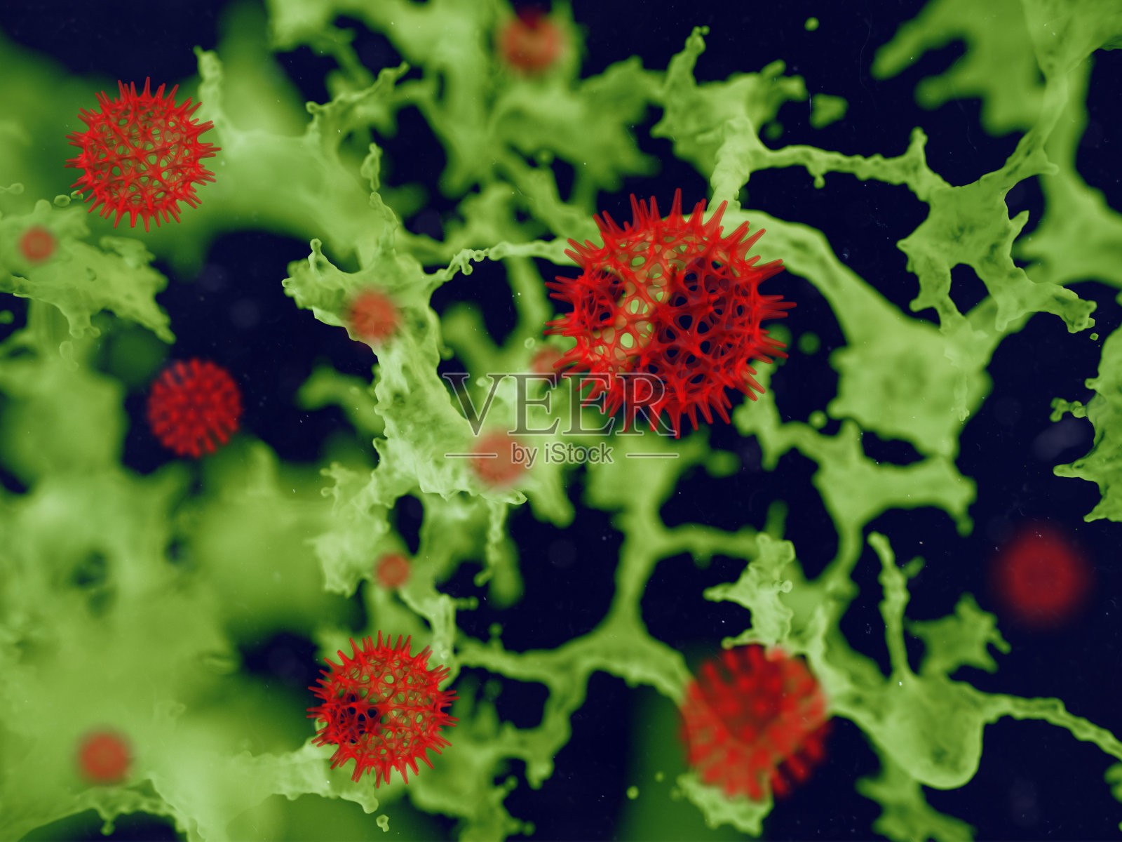 3d渲染绿色背景的神经元和神经系统。里面红色的病毒。照片摄影图片