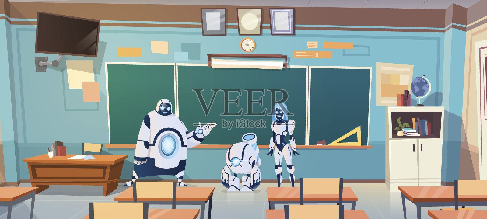 一组机器人教师在学校教室通过绿色板现代教学技术插画图片素材