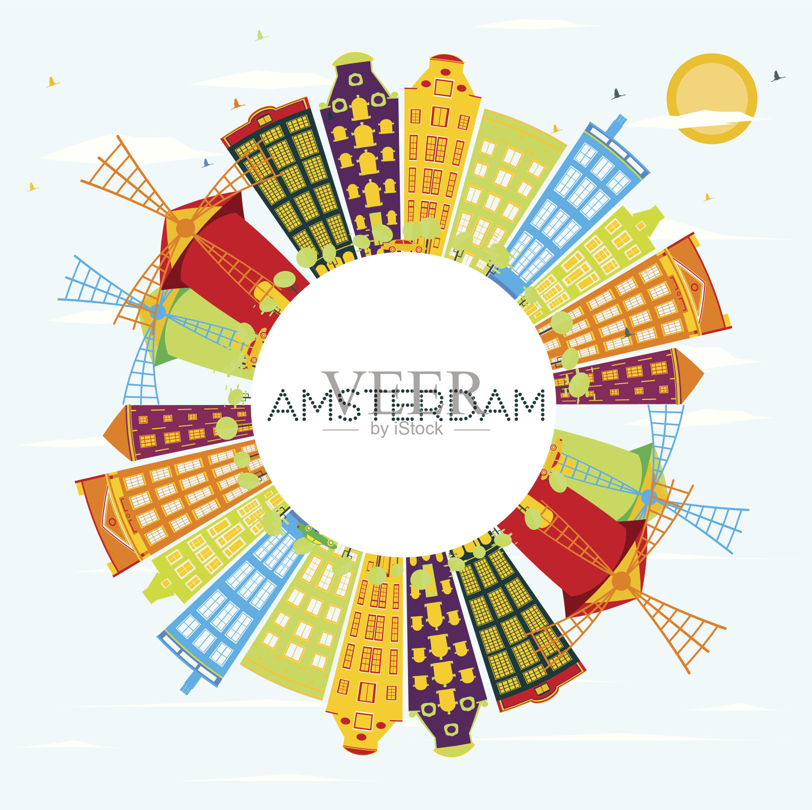 阿姆斯特丹天际线与彩色建筑，蓝天和复制空间。插画图片素材
