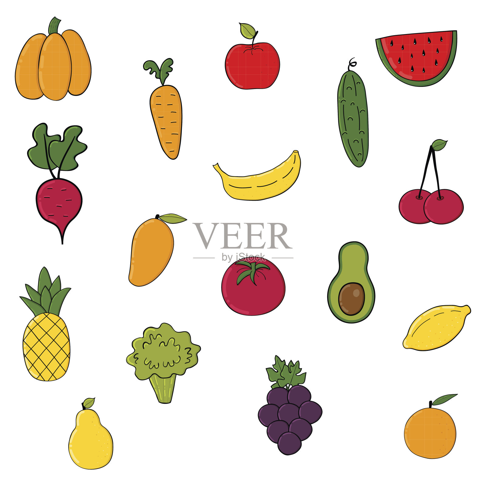 一套水果和蔬菜插画图片素材
