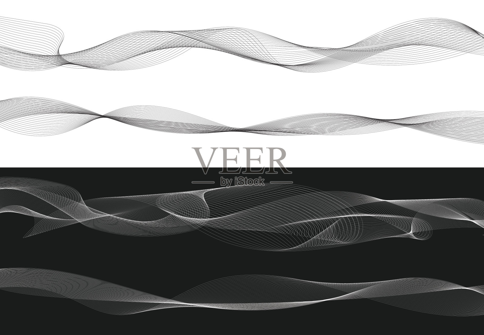 一组黑色扭曲曲线抽象波孤立在白色背景，向量插画图片素材