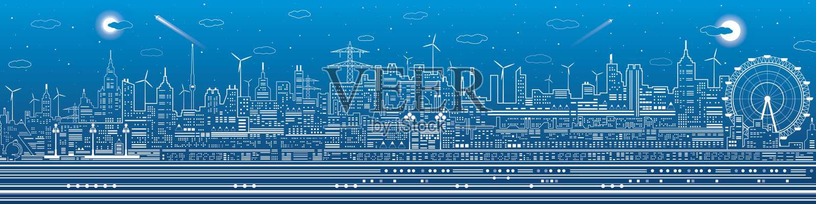 城市夜景，城镇基础设施插图，摩天轮，现代天际线，蓝色背景上的白线，矢量设计艺术插画图片素材