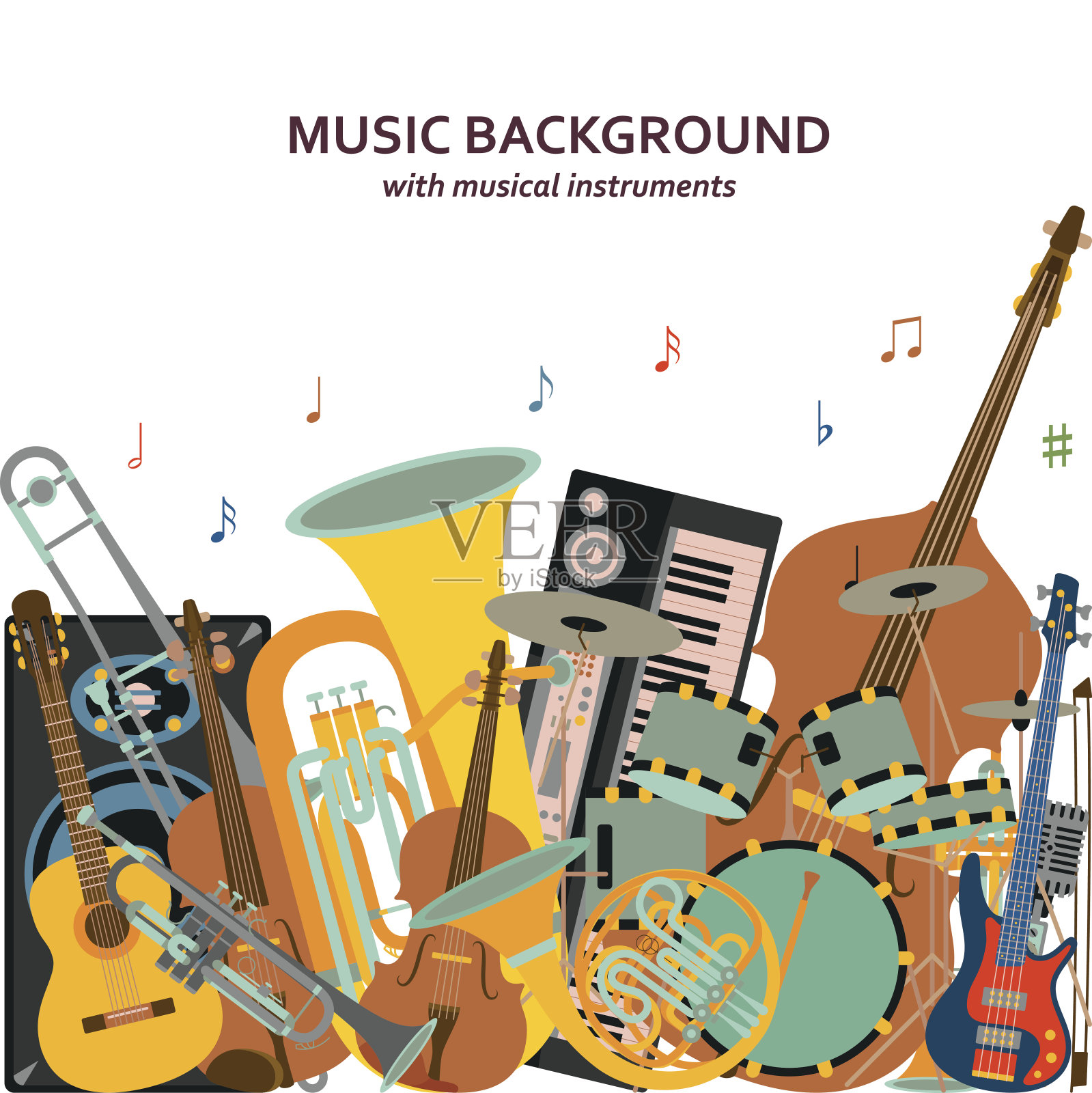 音乐背景由不同的乐器、高音谱号和音符组成插画图片素材
