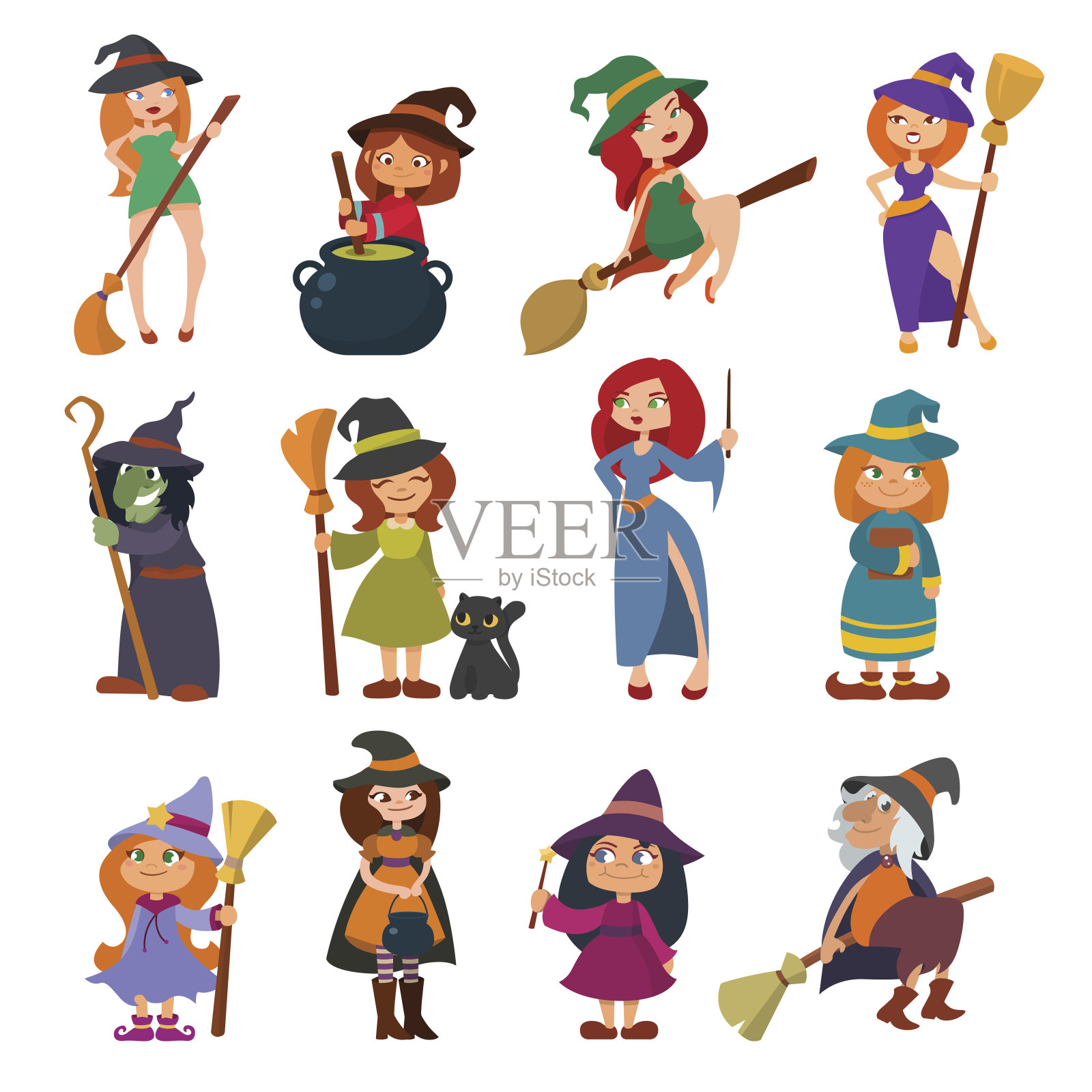 可爱的小巫婆巫婆巫婆巫婆与扫帚卡通魔术万圣节小女孩角色服装帽子矢量插图设计元素图片