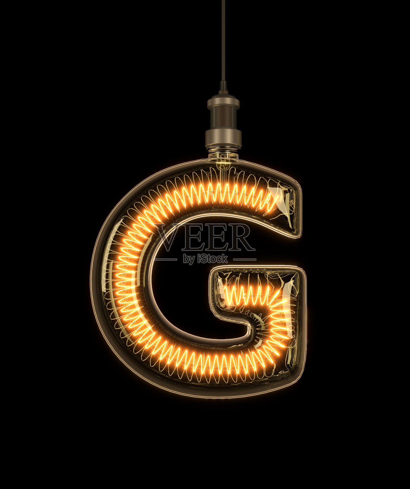 由灯泡制成的字母G。设计元素图片