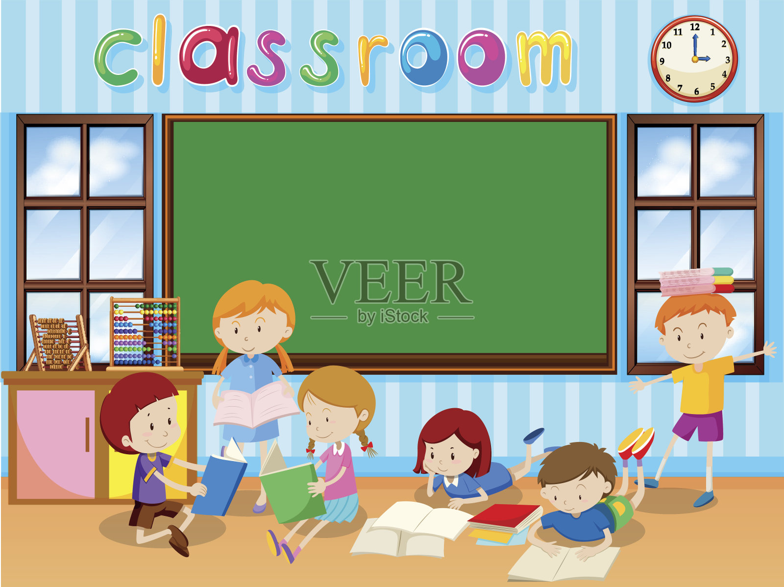 许多学生在教室里看书插画图片素材