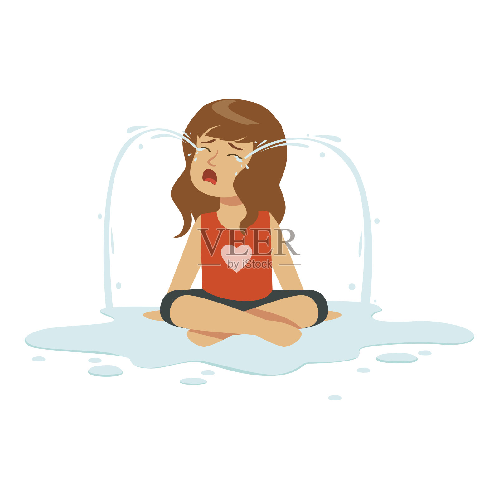 哭泣的女孩角色坐在地板上的一滩眼泪矢量插图设计元素图片