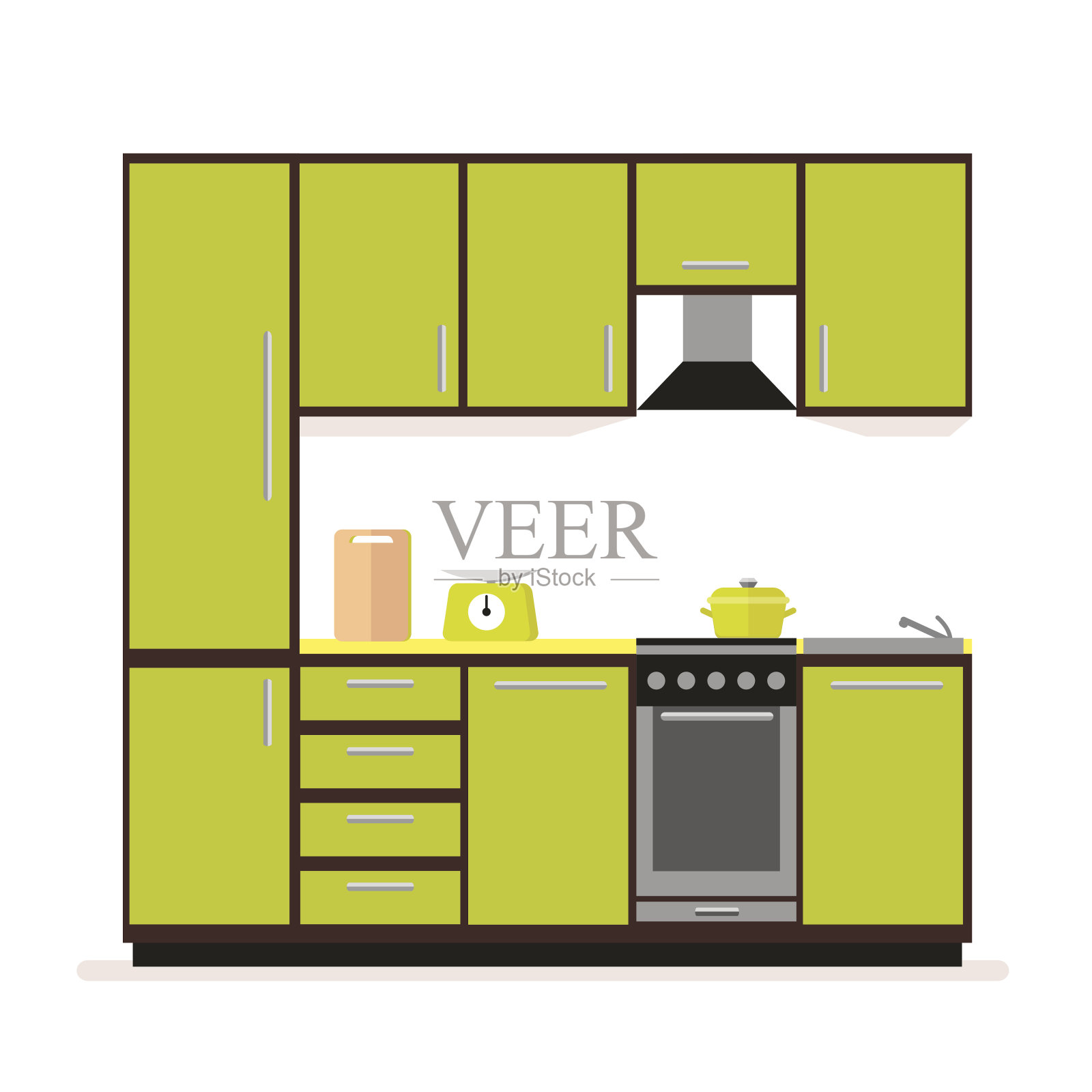 厨房设置。现代厨房家具在一个扁平的风格孤立在白色的背景。插画图片素材
