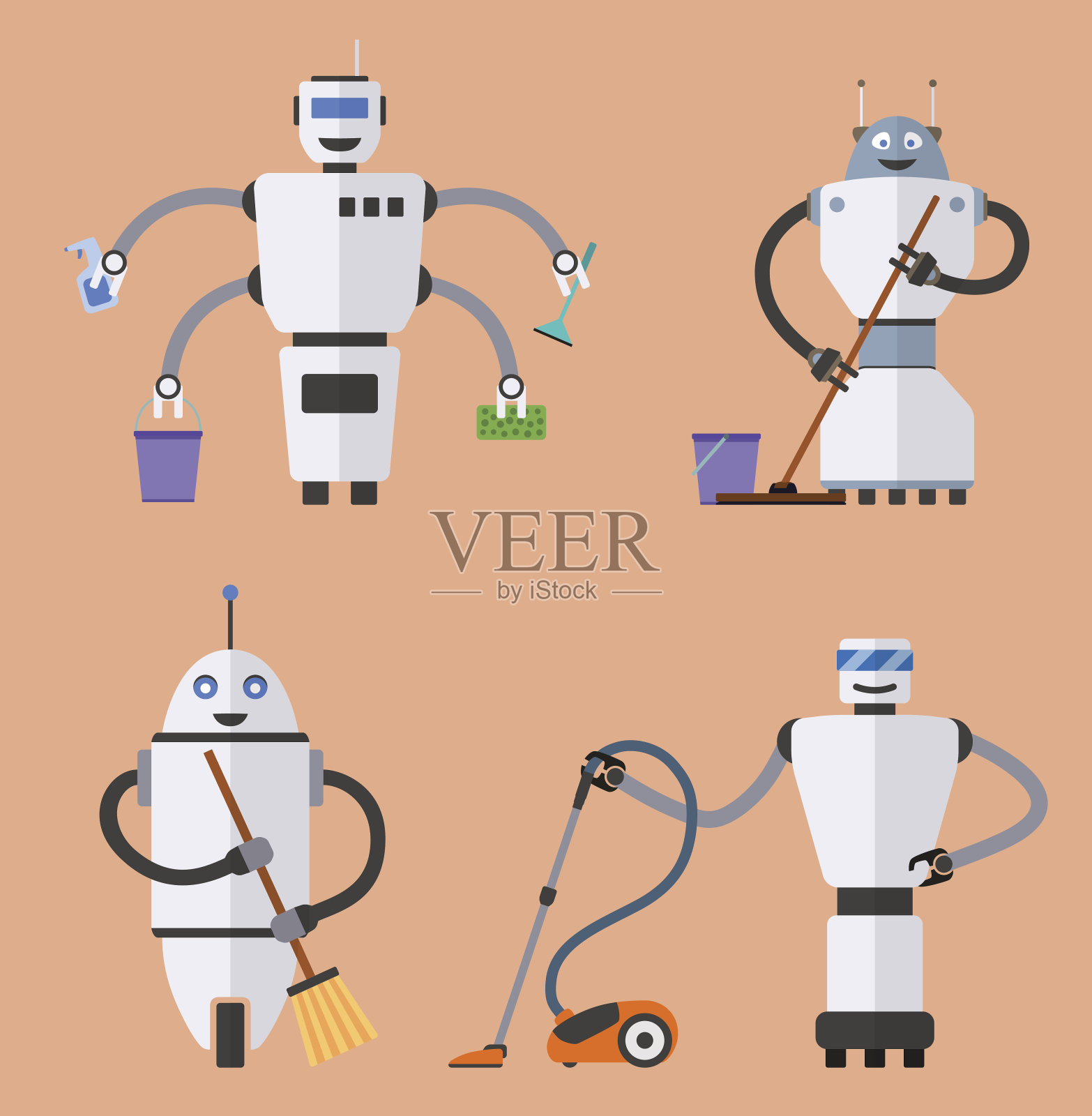 一组清洁机器人。插画图片素材