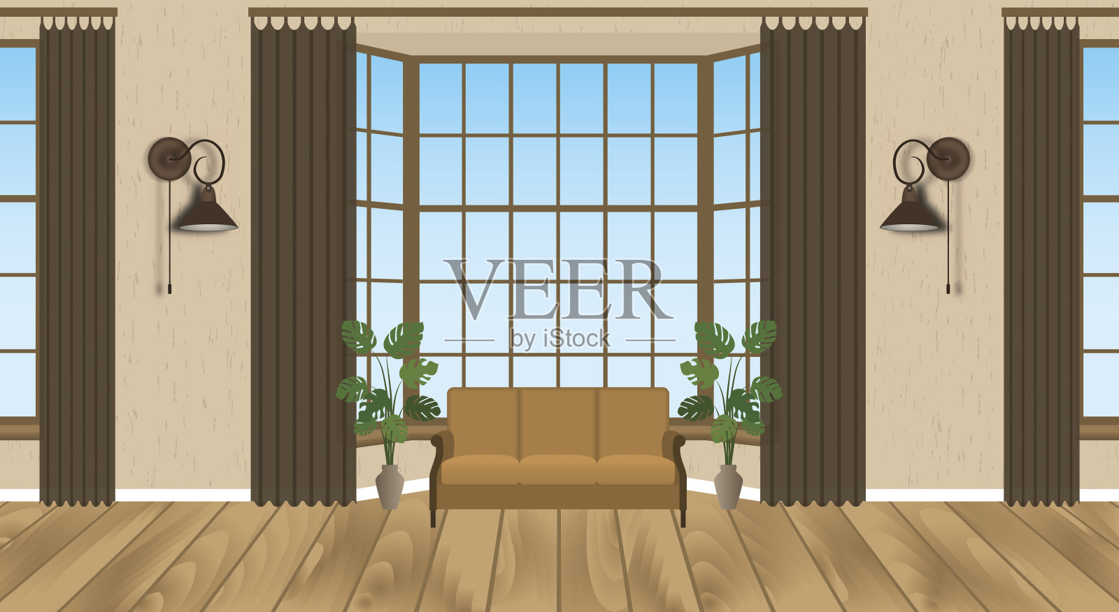 客厅室内设计现代。轻阁楼与木地板，沙发，灯具，室内植物。插画图片素材