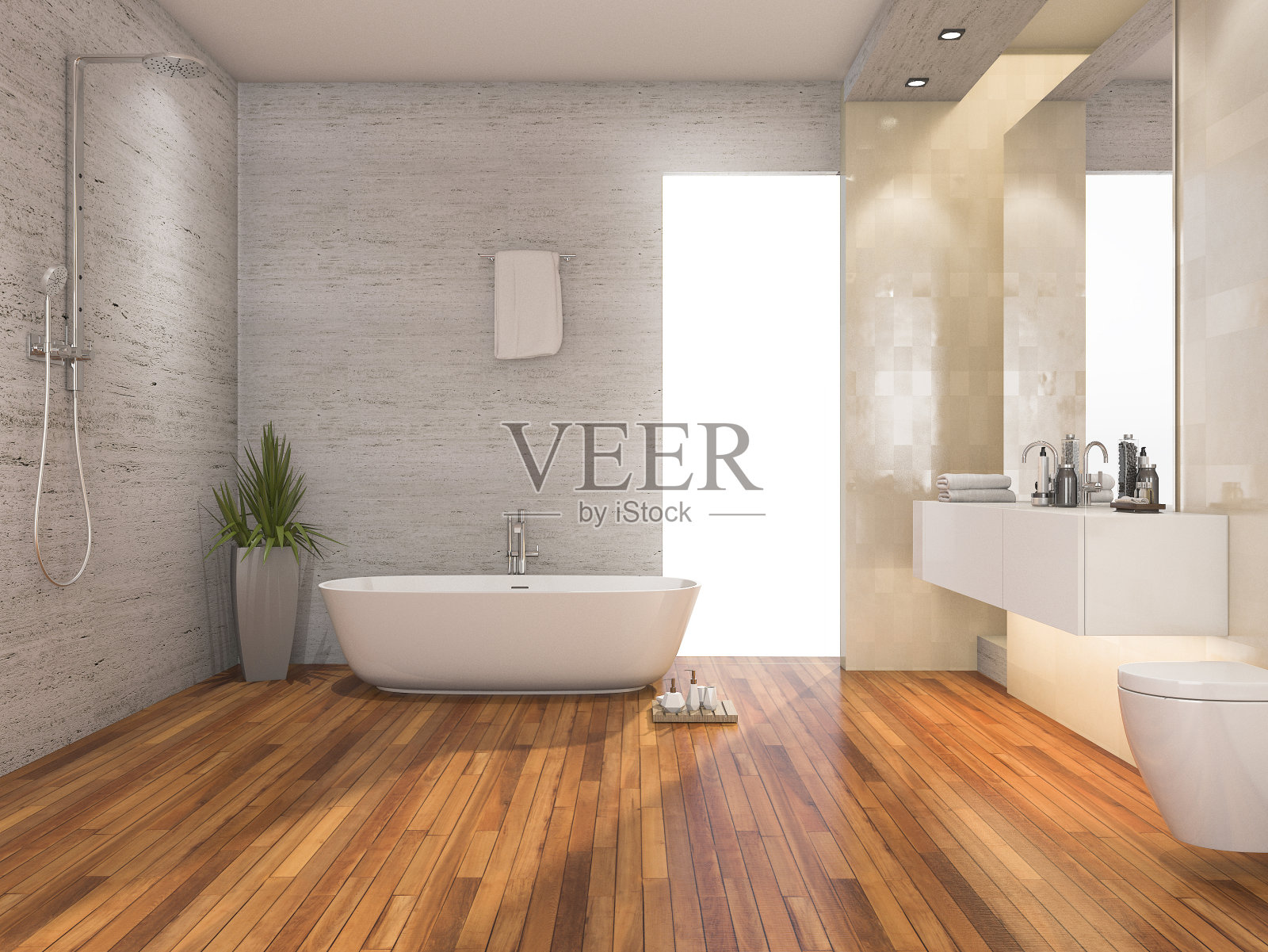 3d渲染木材明亮的浴室和淋浴与现代装饰照片摄影图片