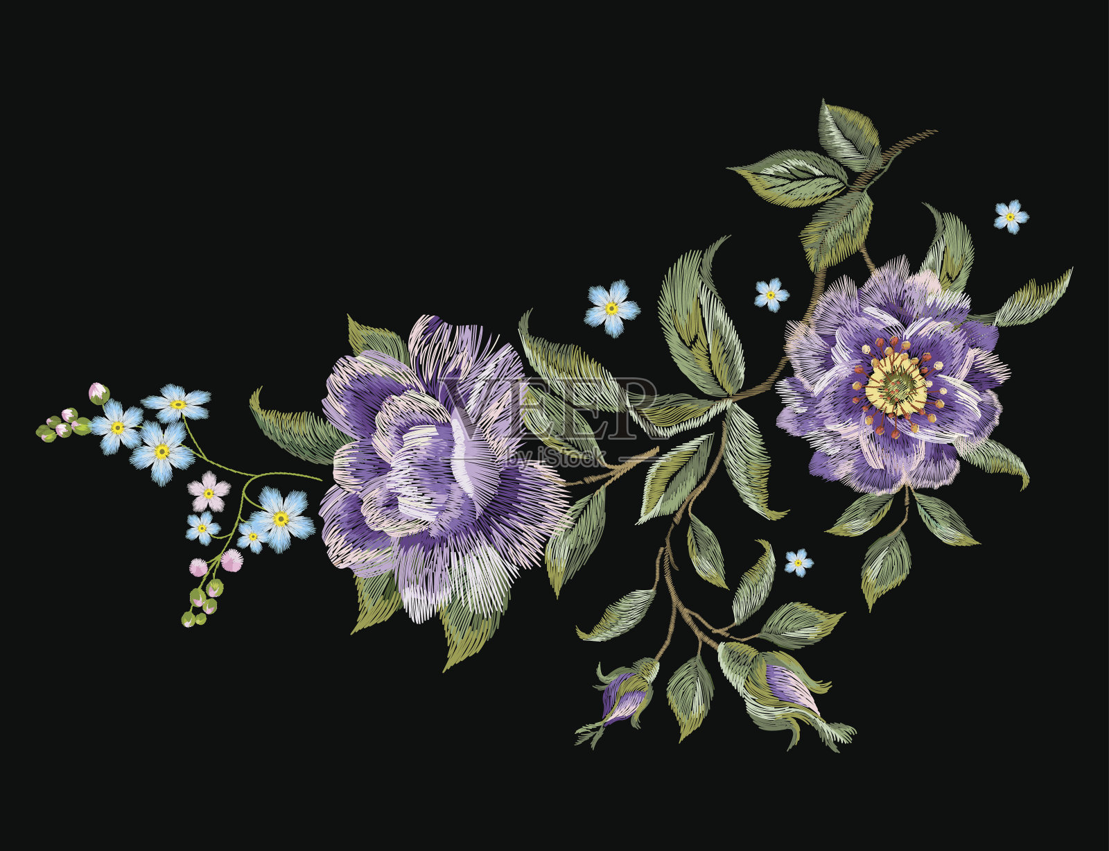 刺绣鲜艳的趋势花卉图案与紫色玫瑰。插画图片素材