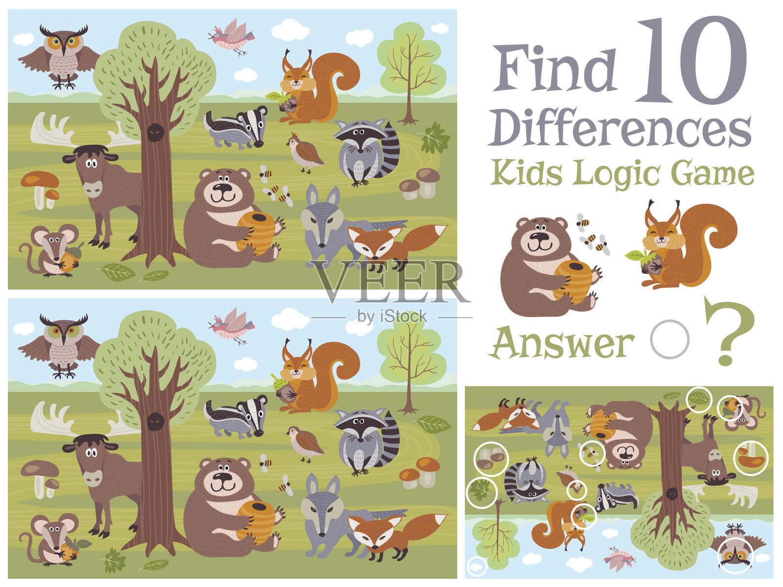 寻找差异教育儿童游戏与森林动物角色矢量插图插画图片素材