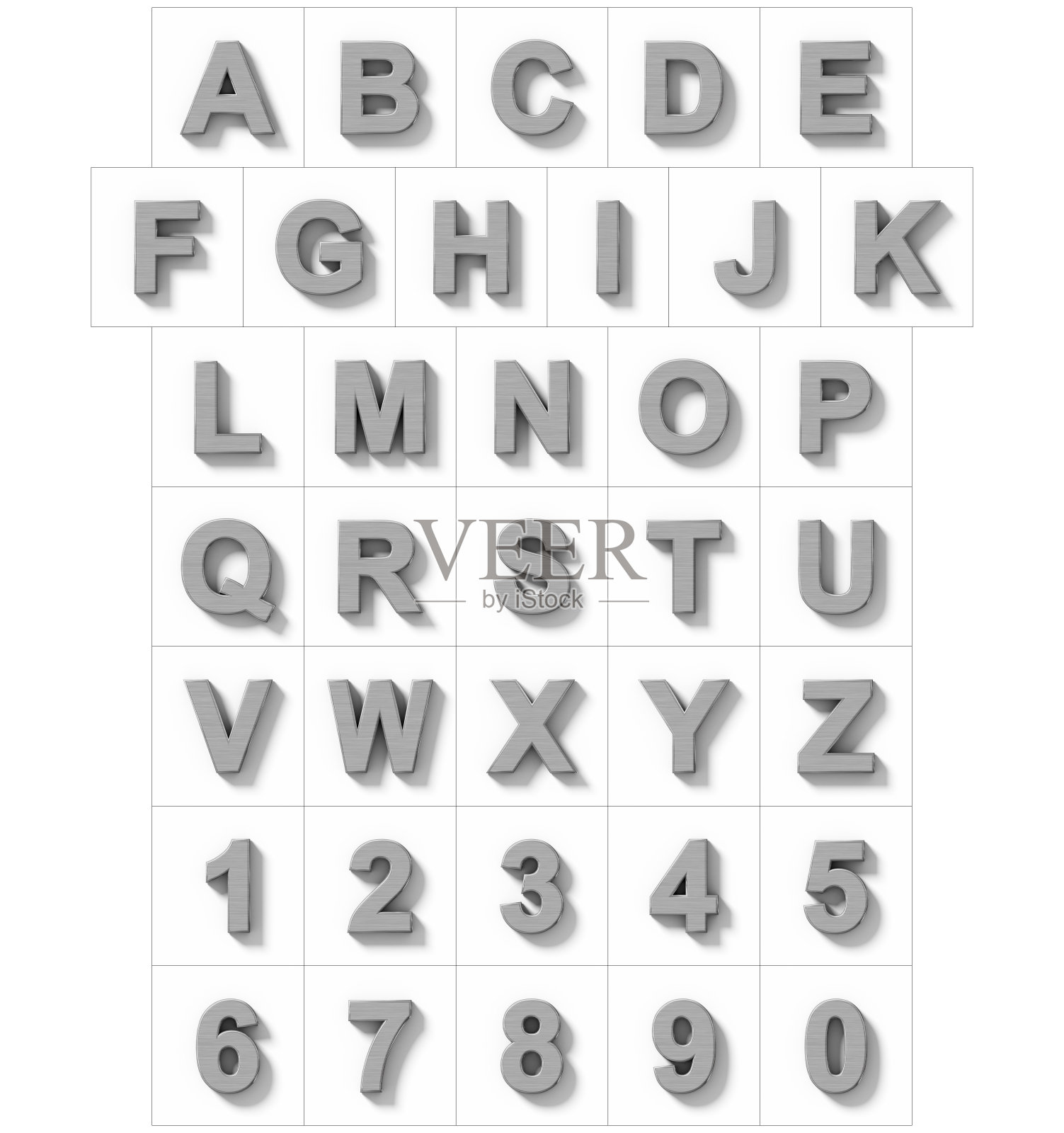 字母和数字三维金属孤立在白色与阴影正交投影照片摄影图片