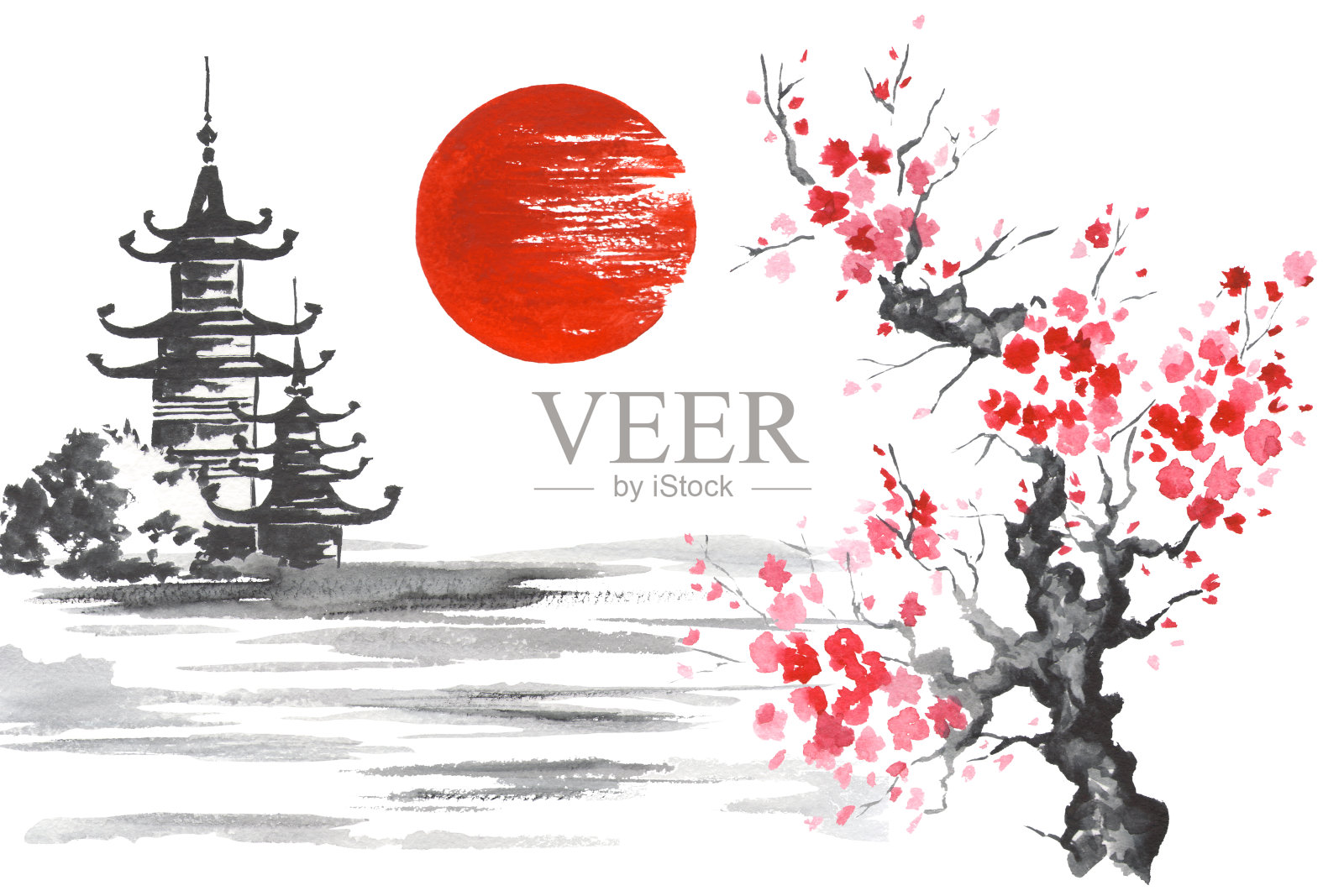 日本传统绘画Sumi-e艺术樱花太阳寺插画图片素材